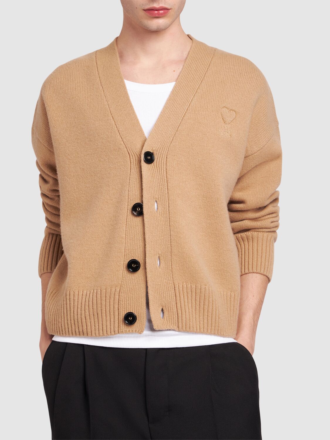 Shop Ami Alexandre Mattiussi Adc Logo Wool Cashmere Cardigan In Nude