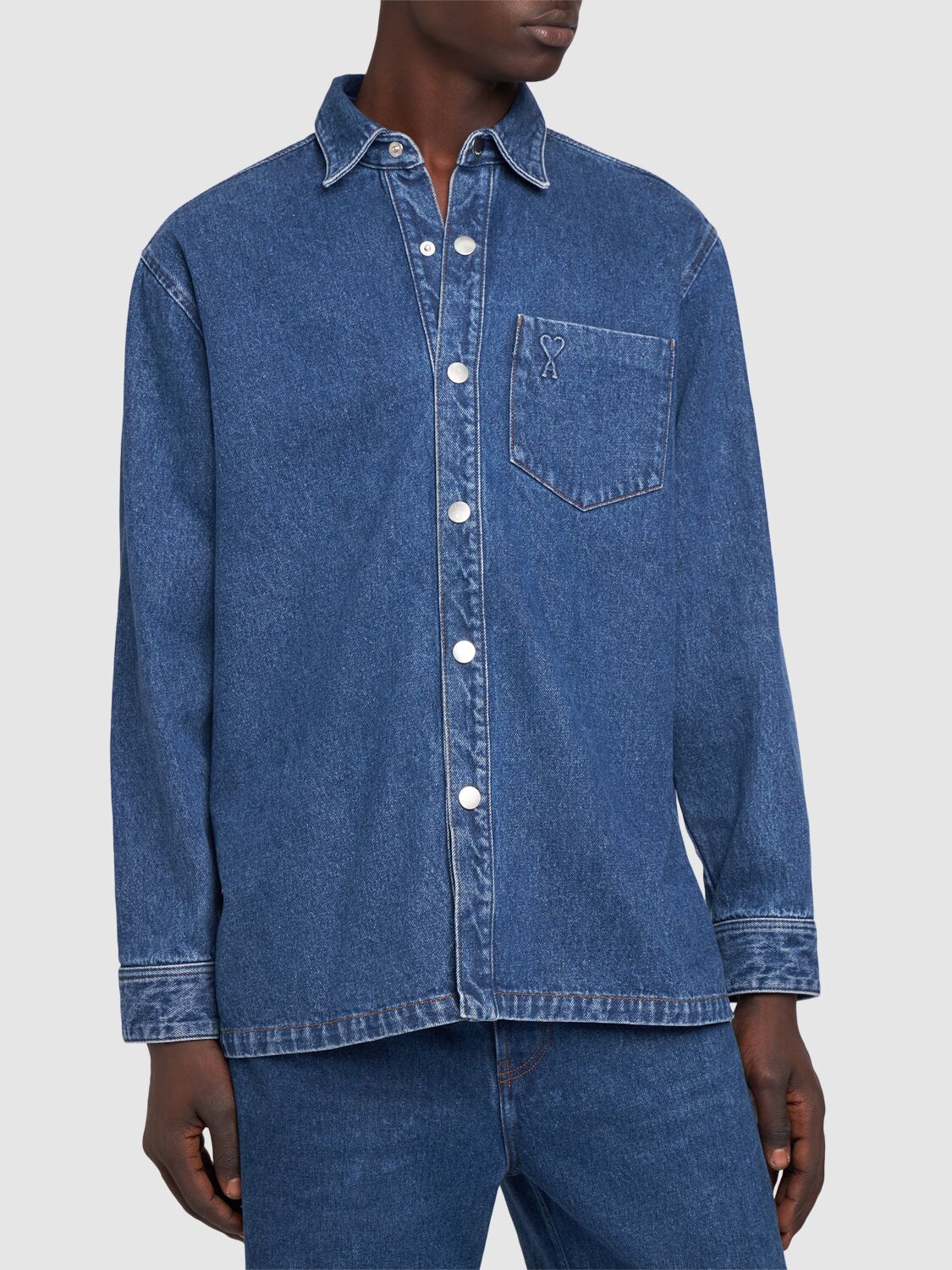 Shop Ami Alexandre Mattiussi Adc Denim Overshirt In Used Blue