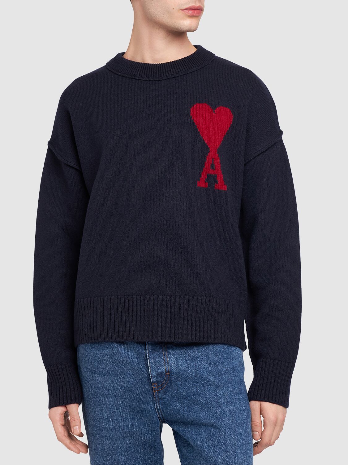 Shop Ami Alexandre Mattiussi Adc Virgin Wool Crewneck Sweater In Navy/red