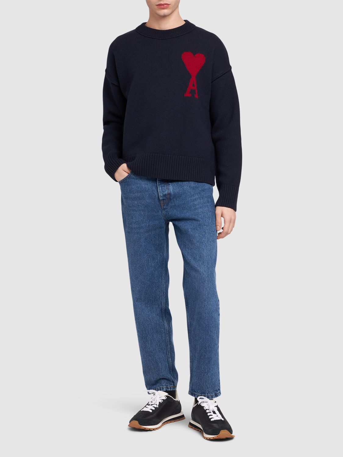 Shop Ami Alexandre Mattiussi Adc Virgin Wool Crewneck Sweater In Navy/red