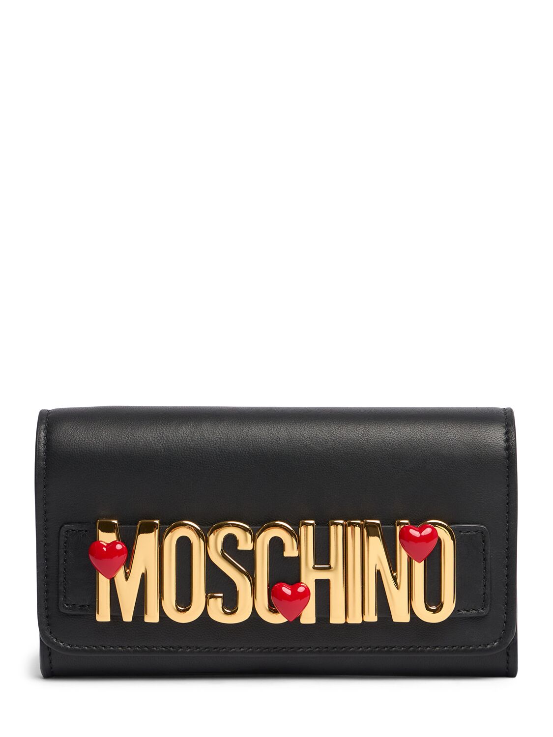 Moschino Heart Logo Nappa Leather Wallet On Chain In Black