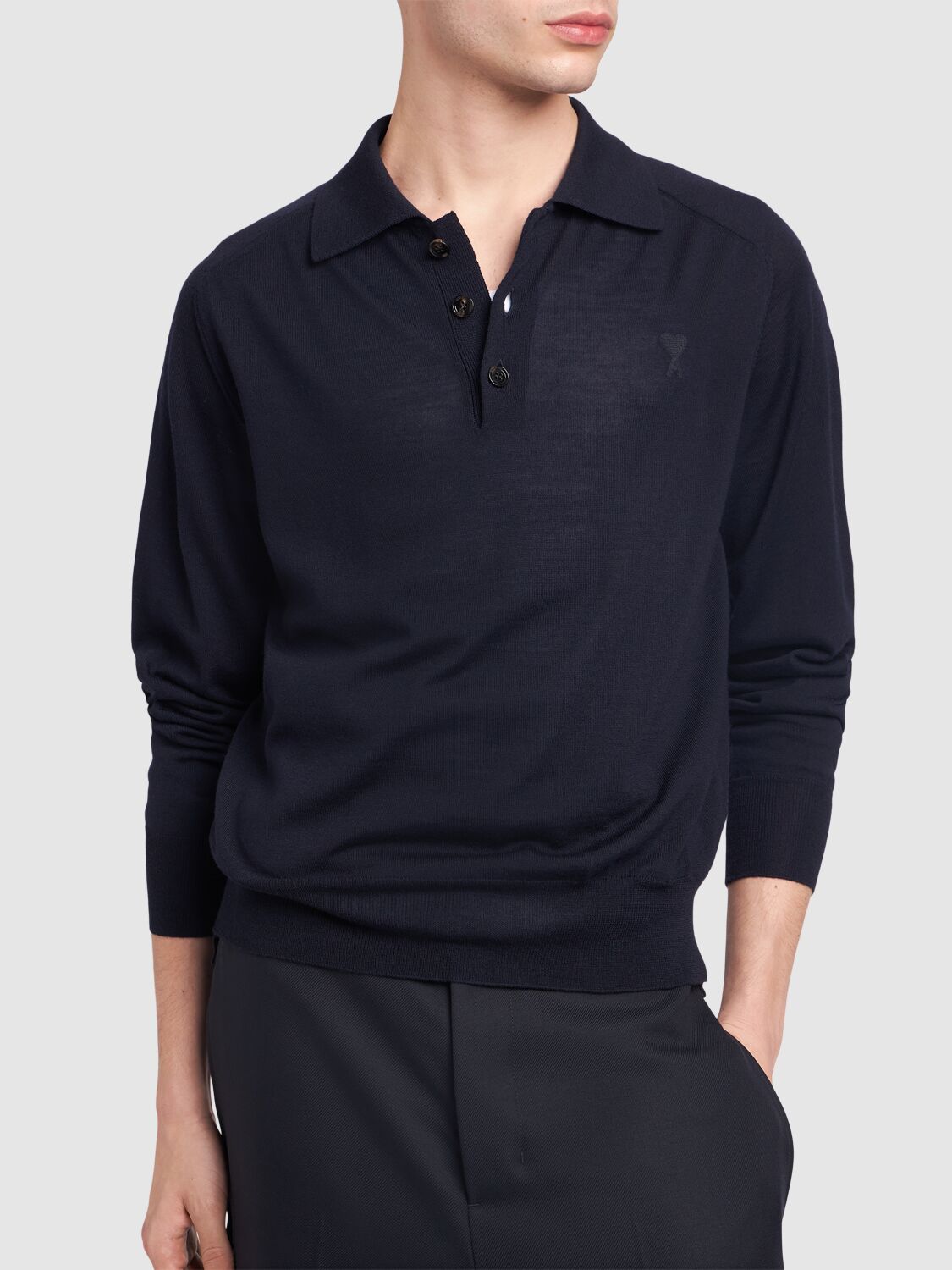 Shop Ami Alexandre Mattiussi Adc Logo Wool Knit Polo In Midnight Blue