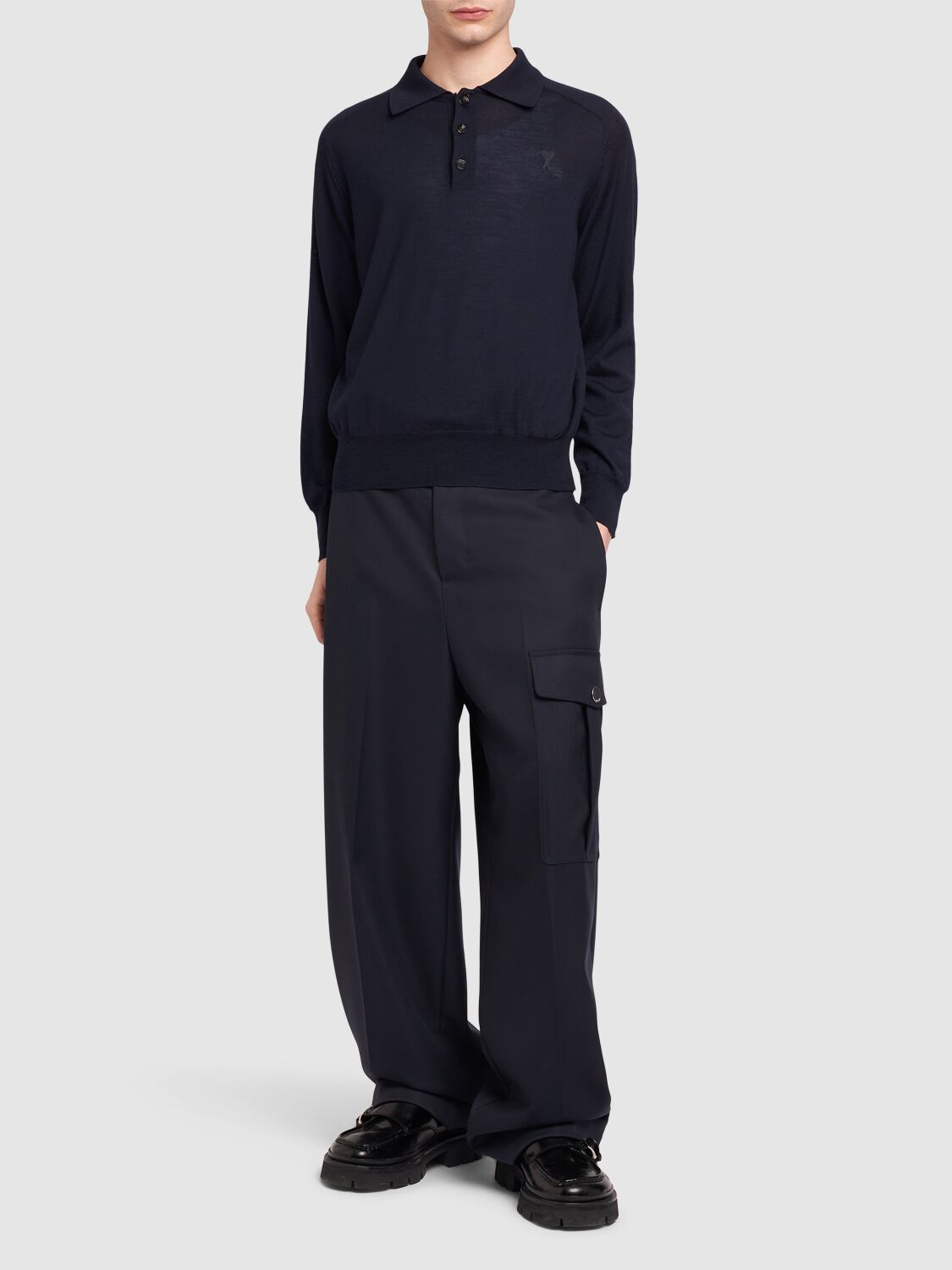 Shop Ami Alexandre Mattiussi Adc Logo Wool Knit Polo In Midnight Blue