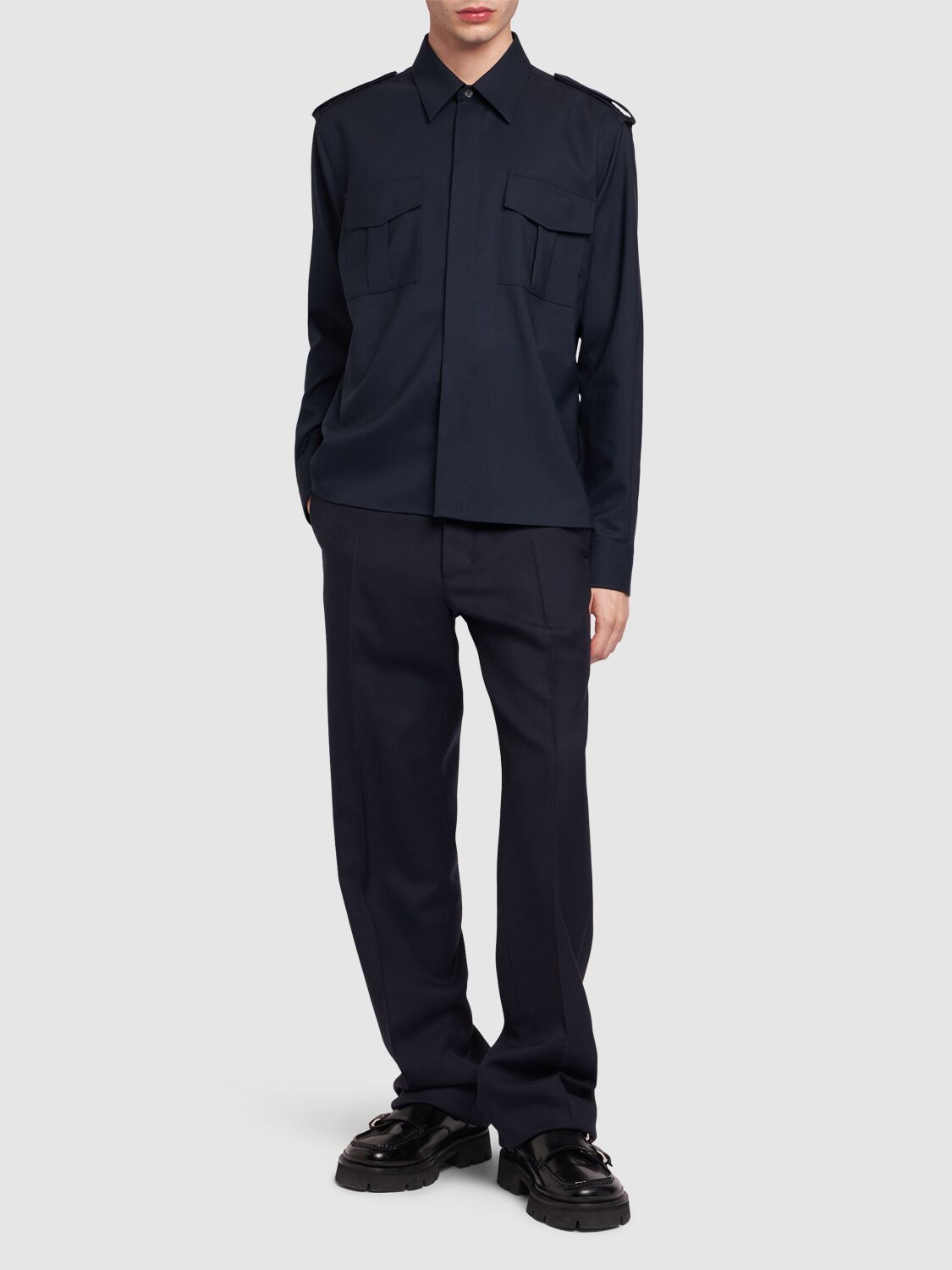 Shop Ami Alexandre Mattiussi Wool Canvas Military Shirt In Navy