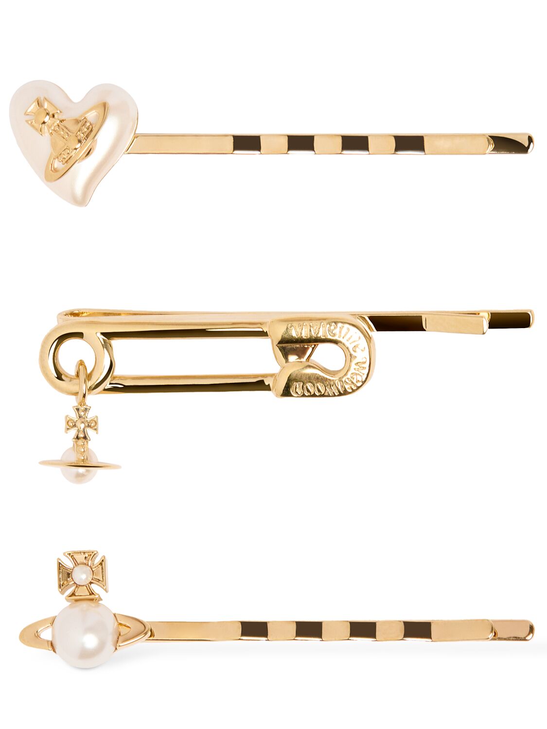 Vivienne Westwood Set Of 3 Tilde Faux Pearl Hair Clips In Gold,cream