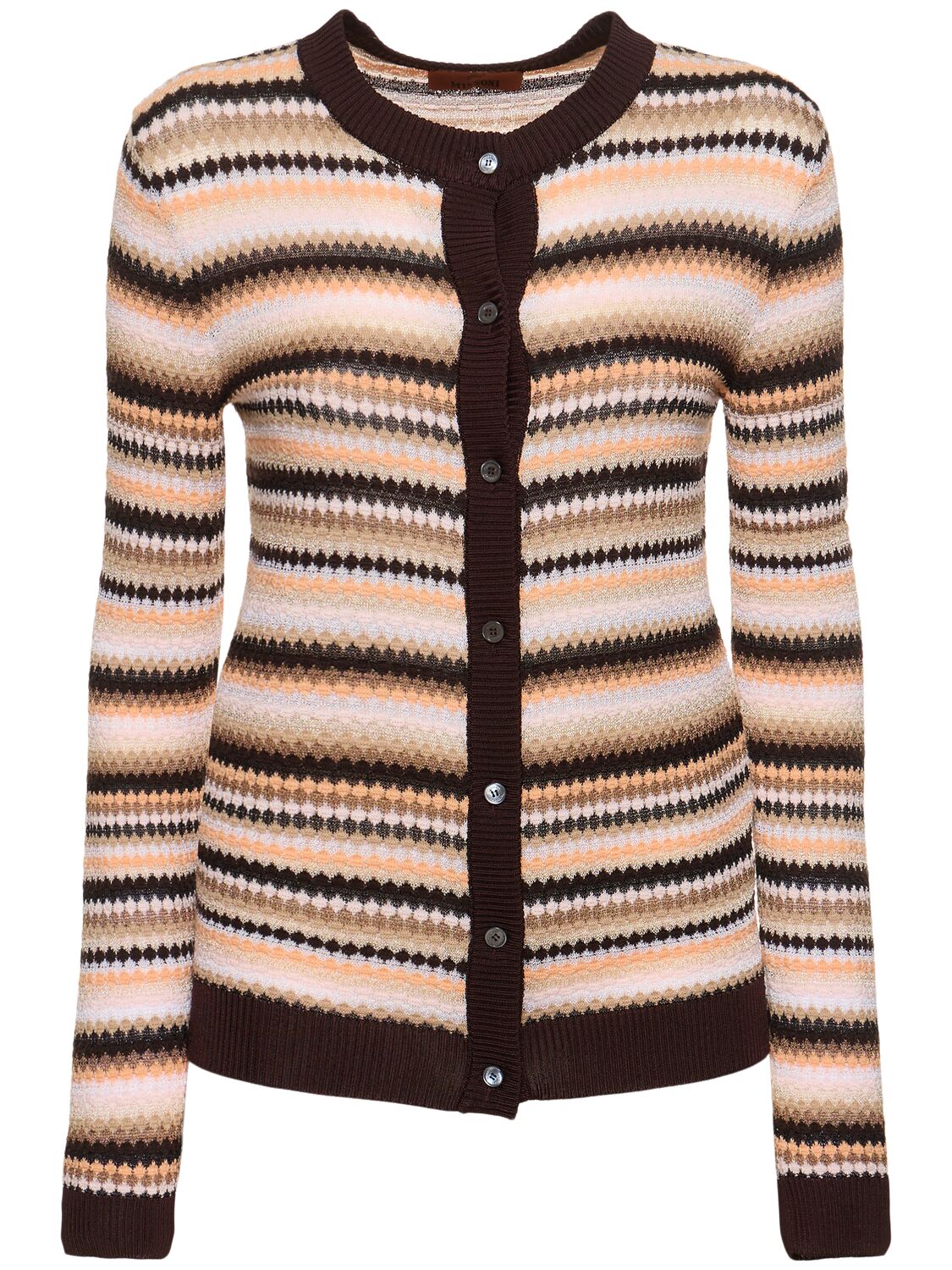 Missoni Striped Cotton And Viscose Cardigan With Contrasting Piping In Brown/multi