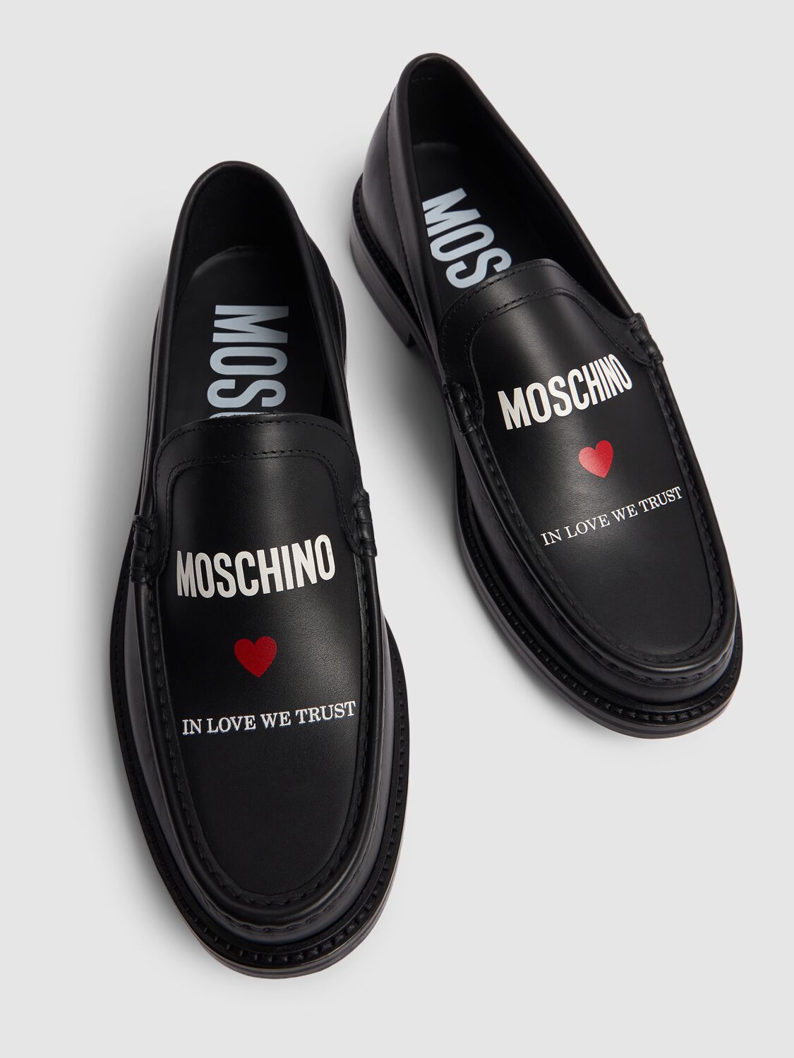Shop Moschino In Love We Trust Leather Loafers In Black