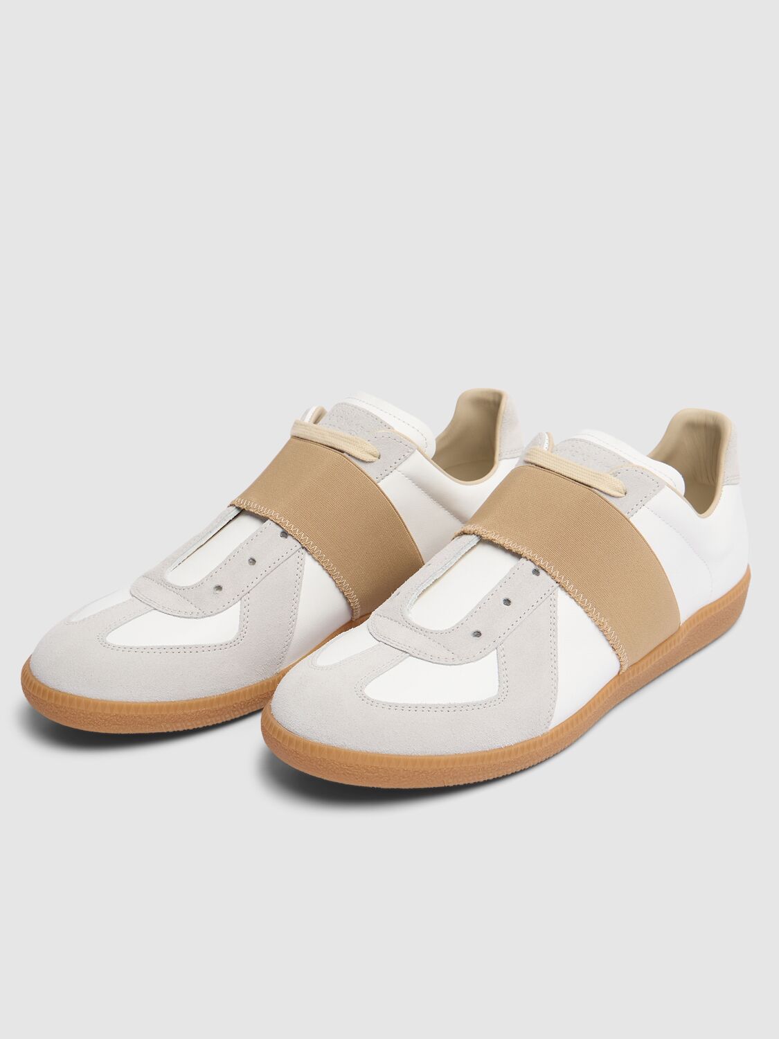 Shop Maison Margiela Replica Leather Sneakers W/elastic Band In White,beige