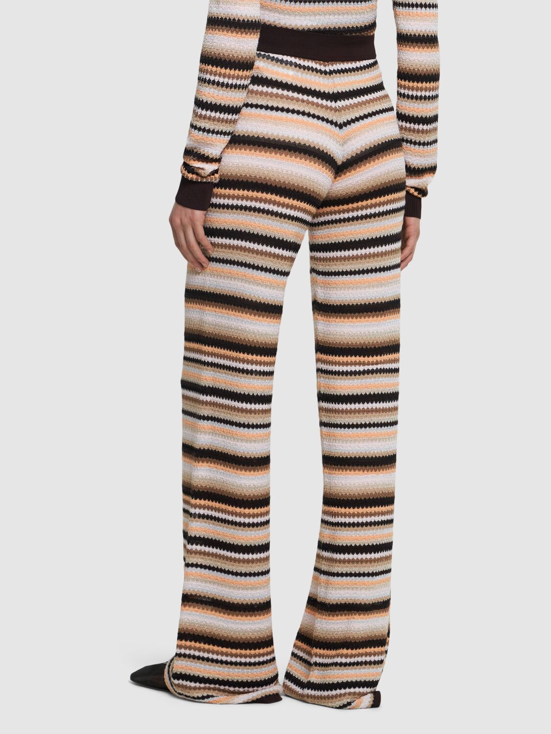 Shop Missoni Striped Cotton Blend Flared Pants In Brown/multi