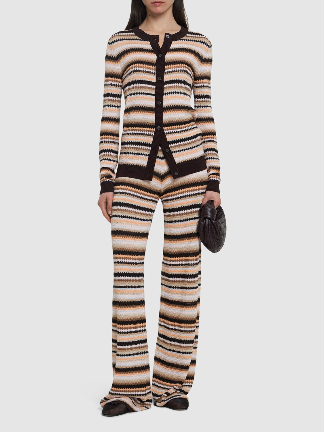 Shop Missoni Striped Cotton Blend Flared Pants In Brown/multi