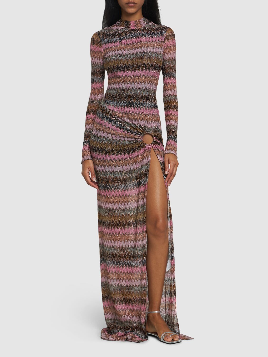 Shop Missoni Chevron Lurex Maxi Dress W/cutout In Multicolor