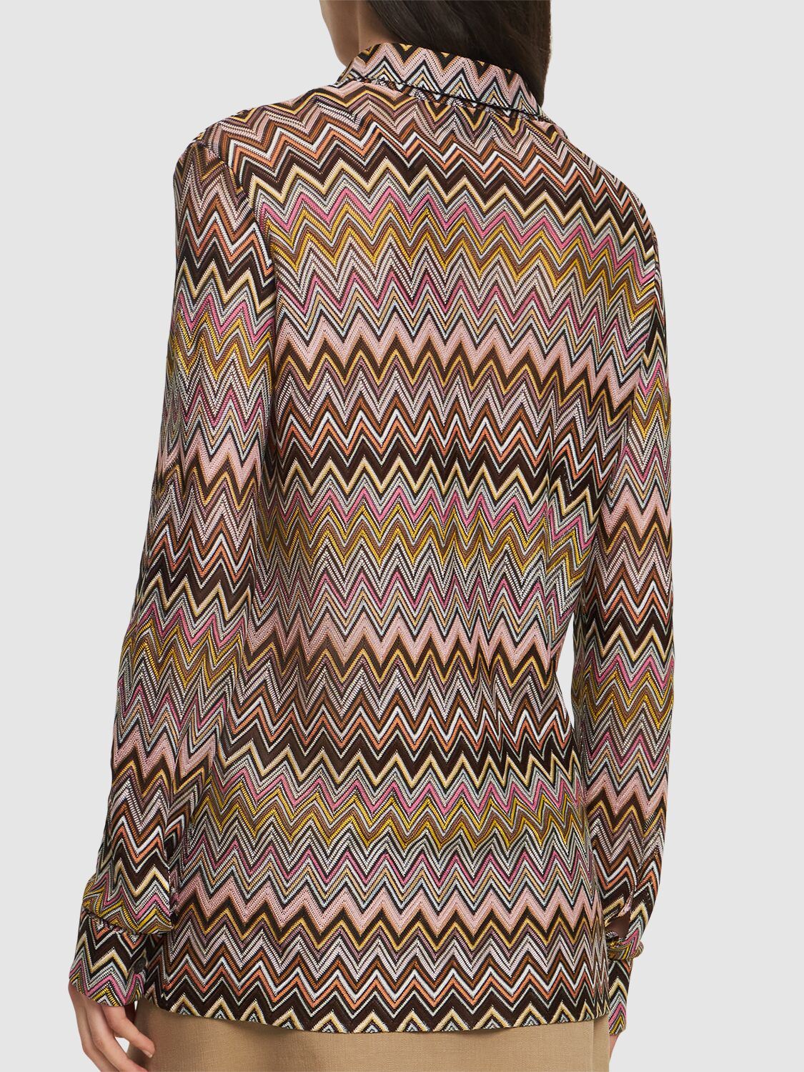 Shop Missoni Chevron Viscose Long Sleeve Shirt In Brown/multi