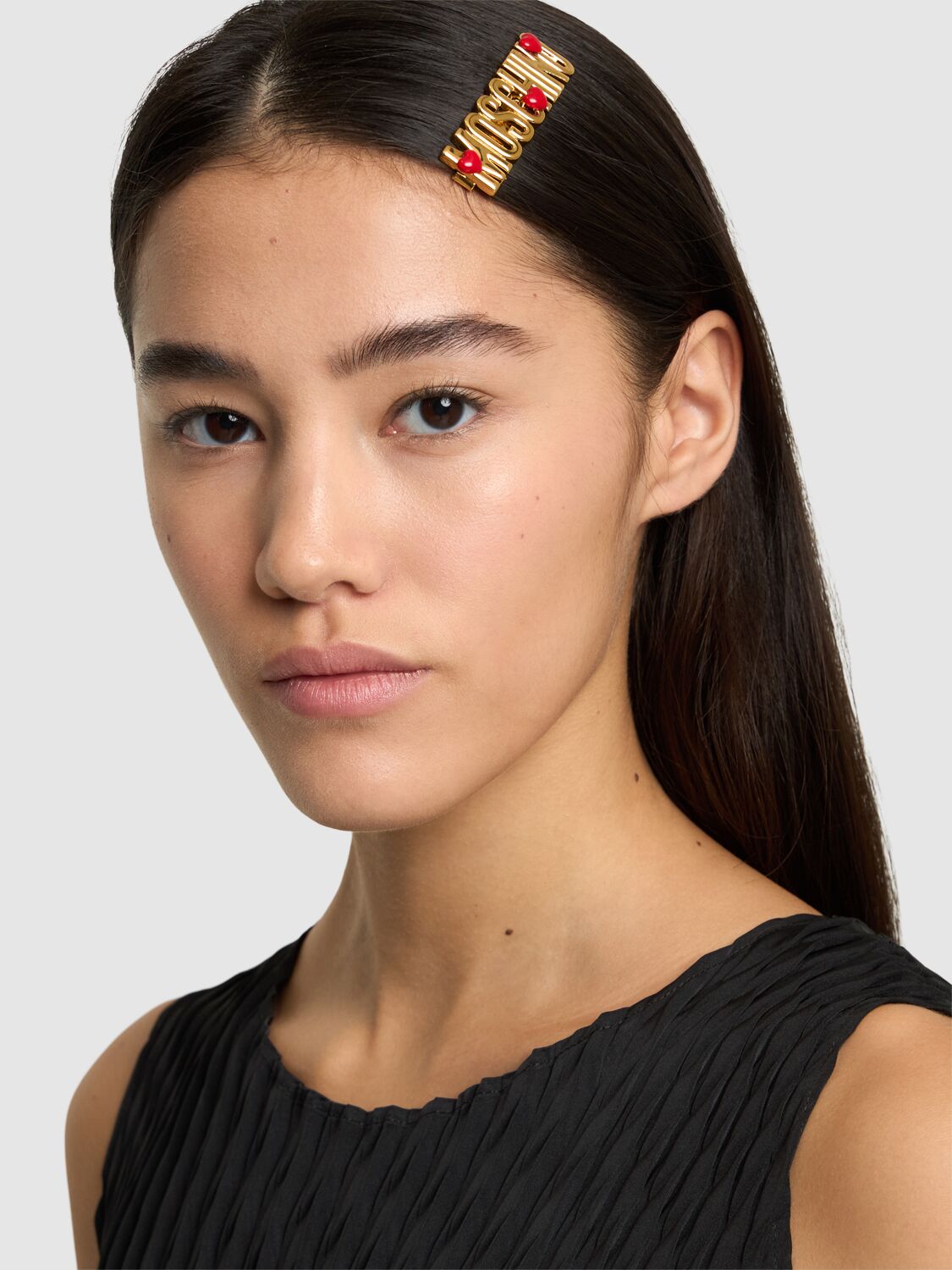 Shop Moschino Heart Logo Metal Hair Clip In Gold/red