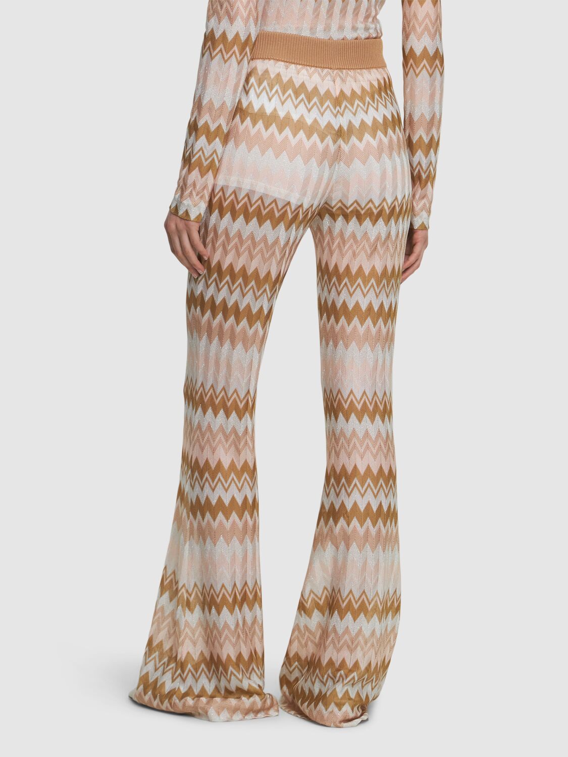Shop Missoni Knit Viscose Lamé Flared Pants In Beige/multi
