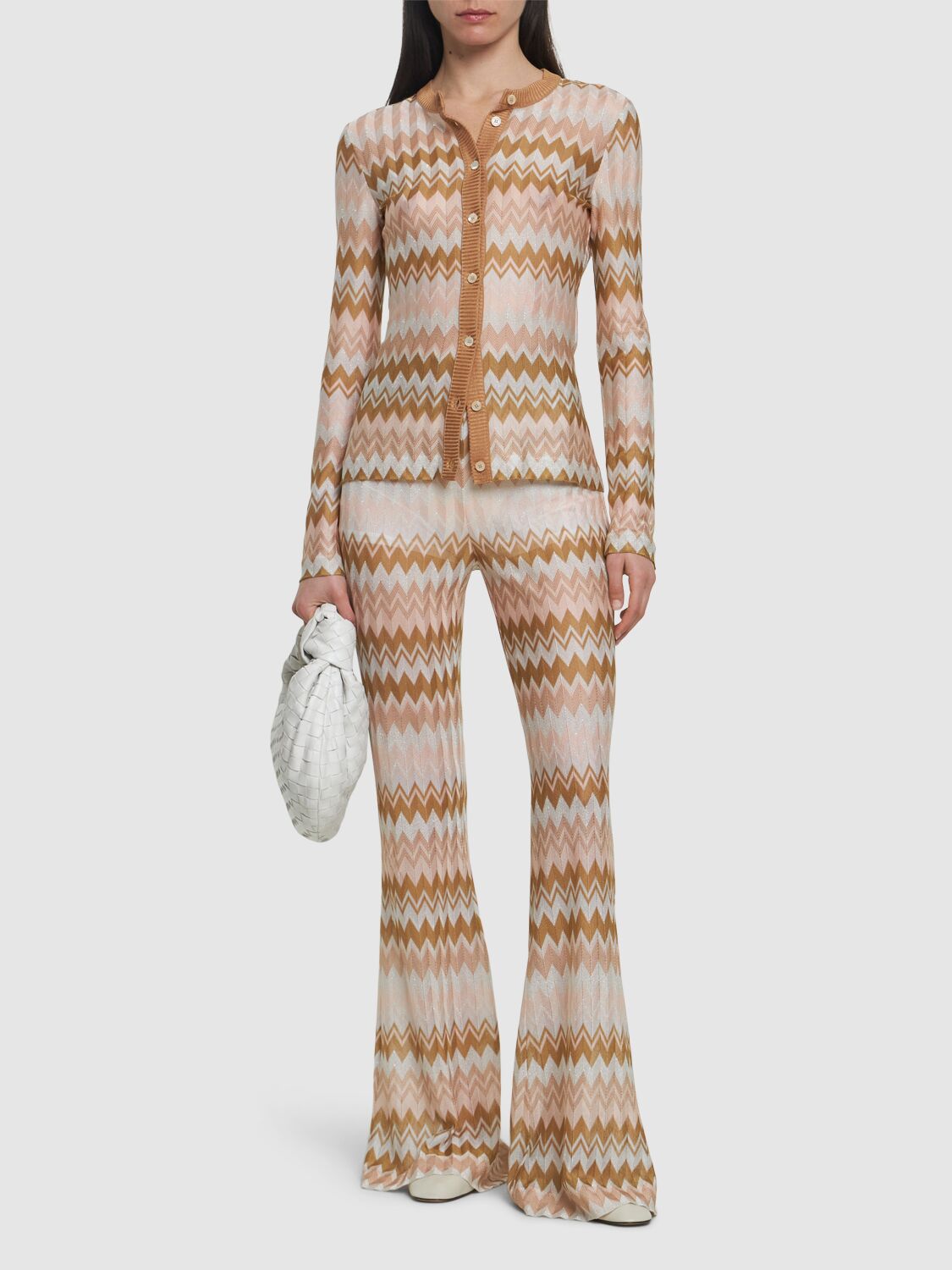 Shop Missoni Knit Viscose Lamé Flared Pants In Beige/multi