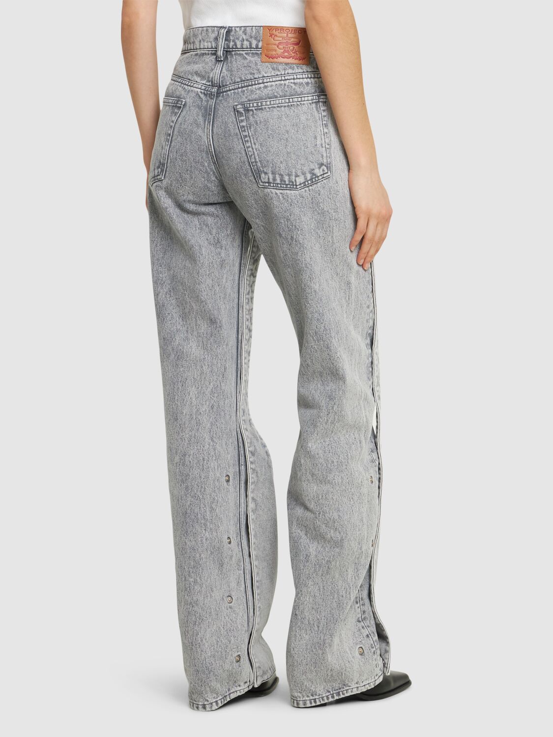 Shop Y/project Denim Patchwork High Rise Flared Jeans In Washed Grey