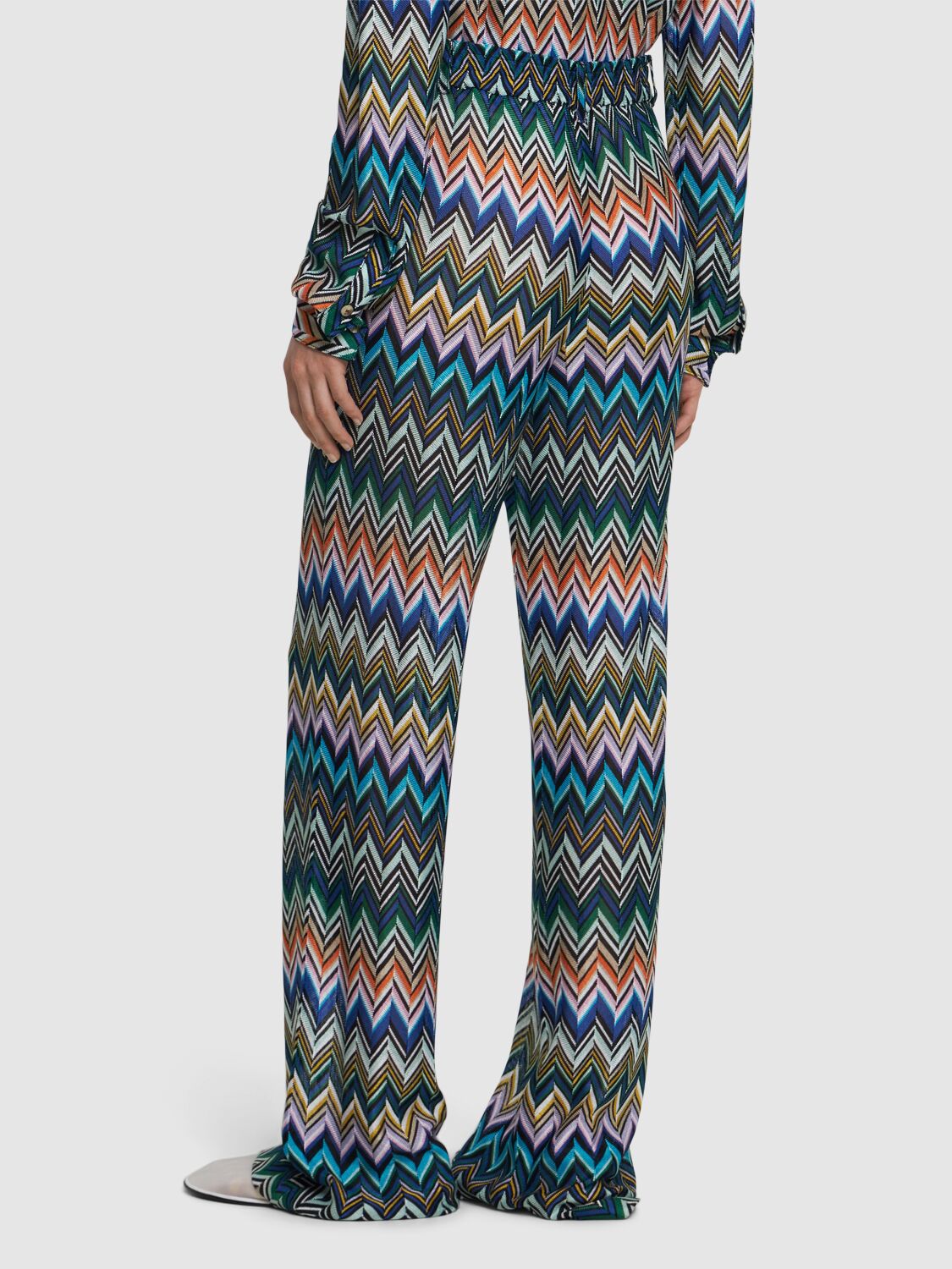 Shop Missoni Chevron Lurex Wide Pants In Blue/multi