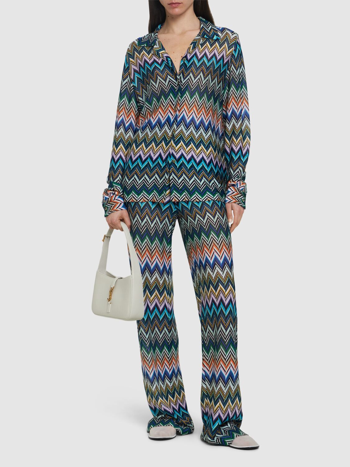 Shop Missoni Chevron Lurex Wide Pants In Blue/multi