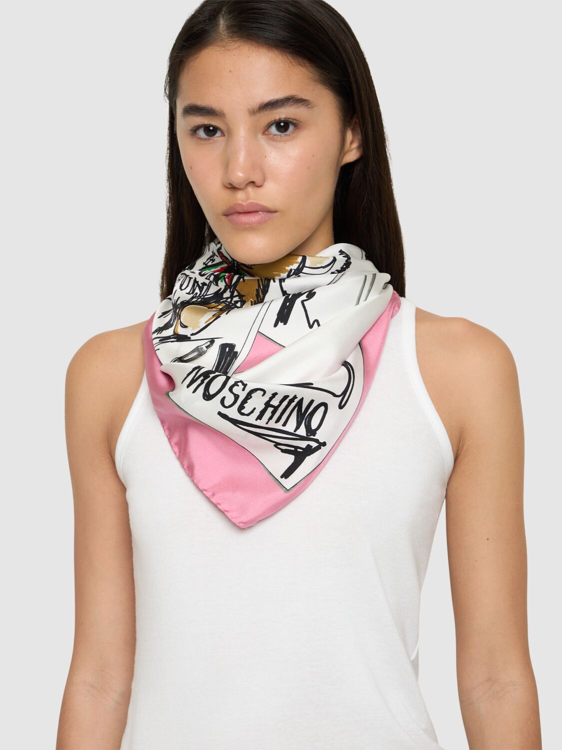 Shop Moschino Printed Silk Twill Scarf In Pink