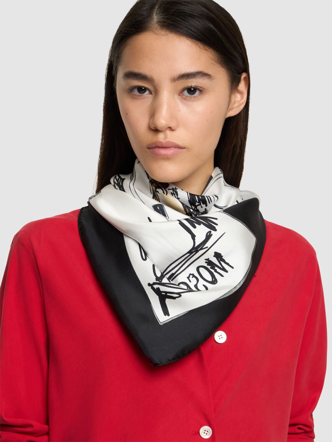 Shop Moschino Printed Silk Twill Scarf In Black