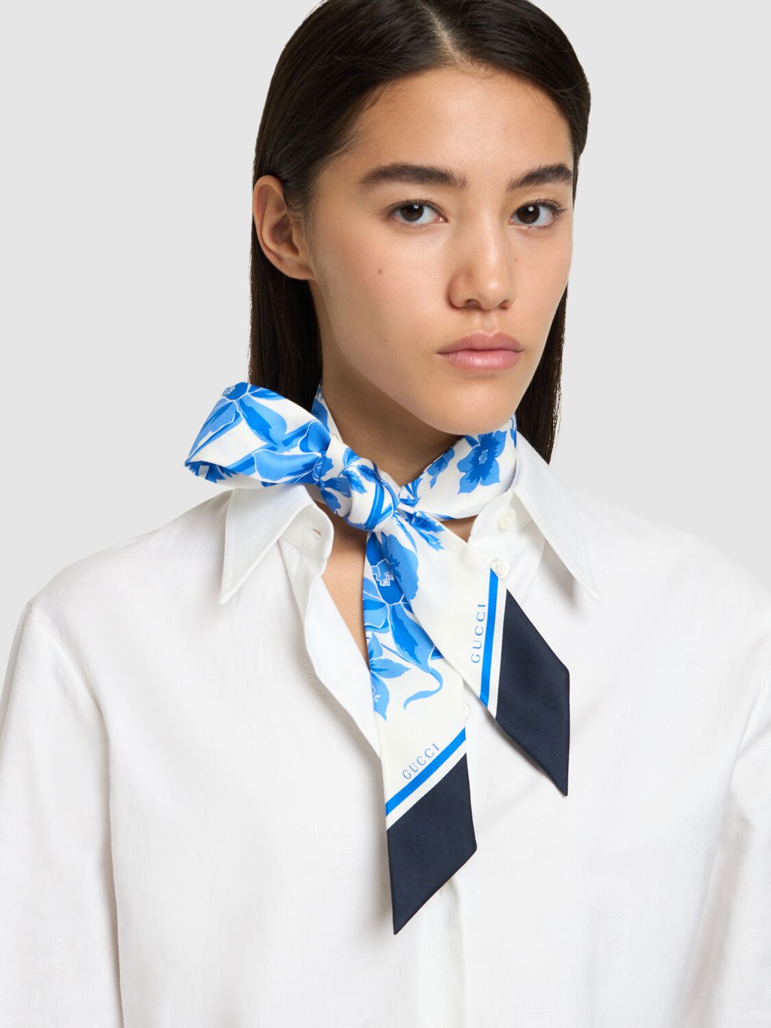 Shop Gucci Floral Print Silk Neck Bow In White,sky Blue