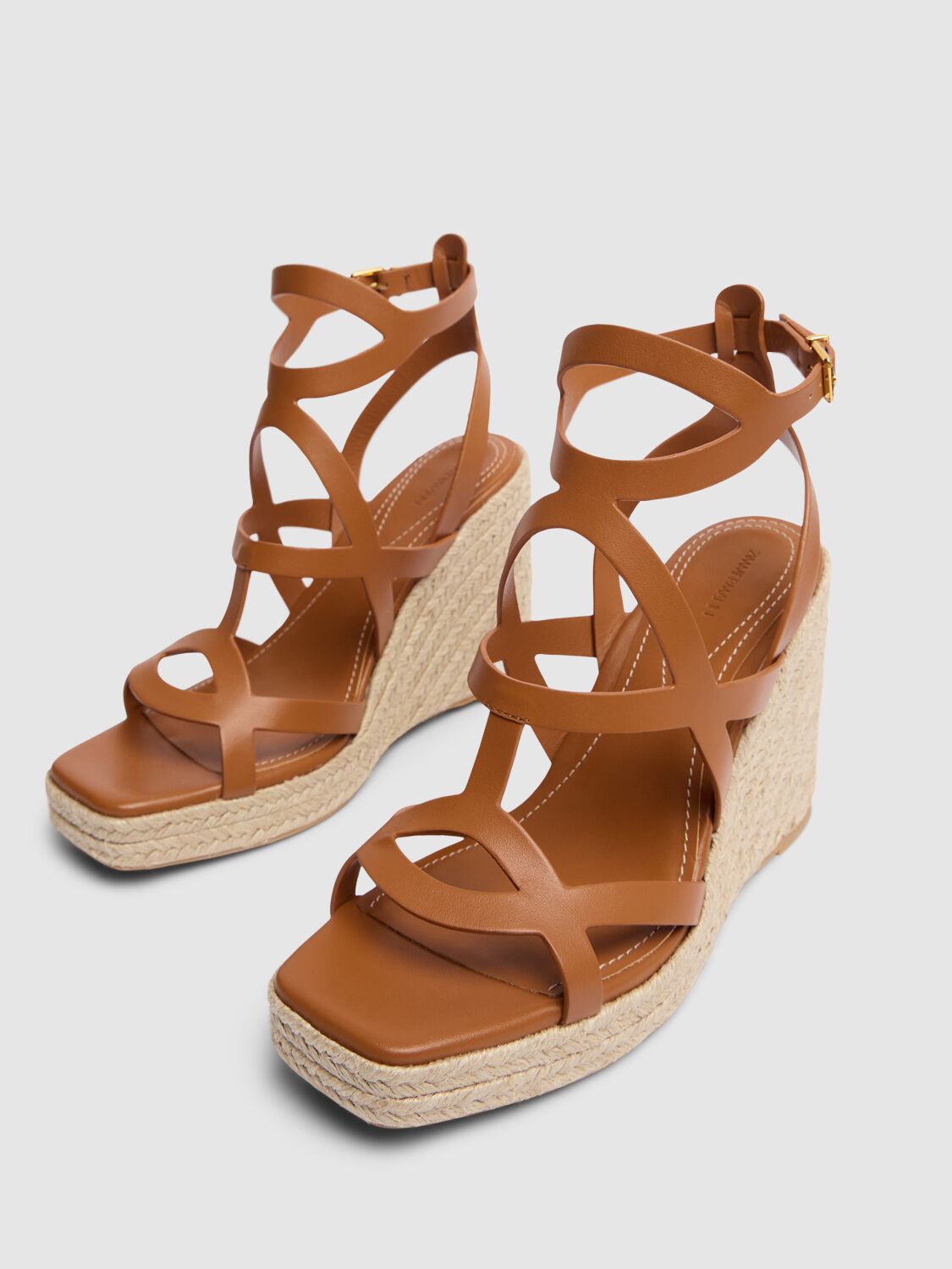 Shop Zimmermann 110mm Bay Leather Wedge Sandals In Tan