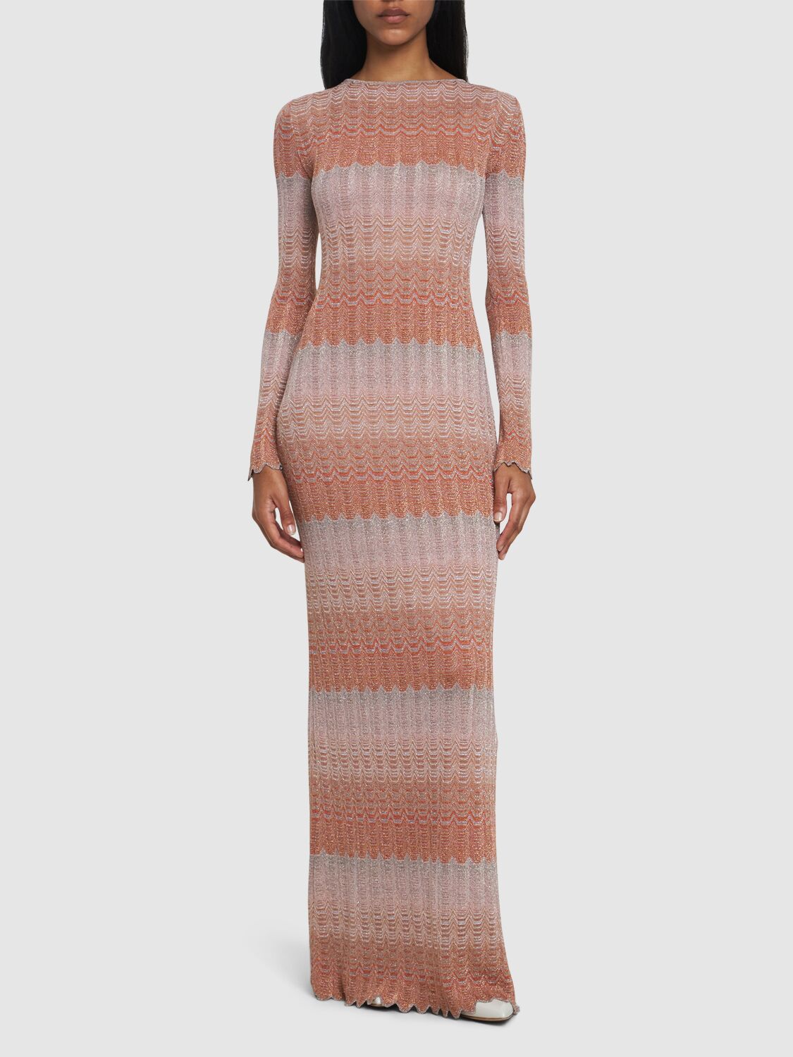 Shop Missoni Knit Long Sleeve Viscose Lamé Maxi Dress In Pink/multi