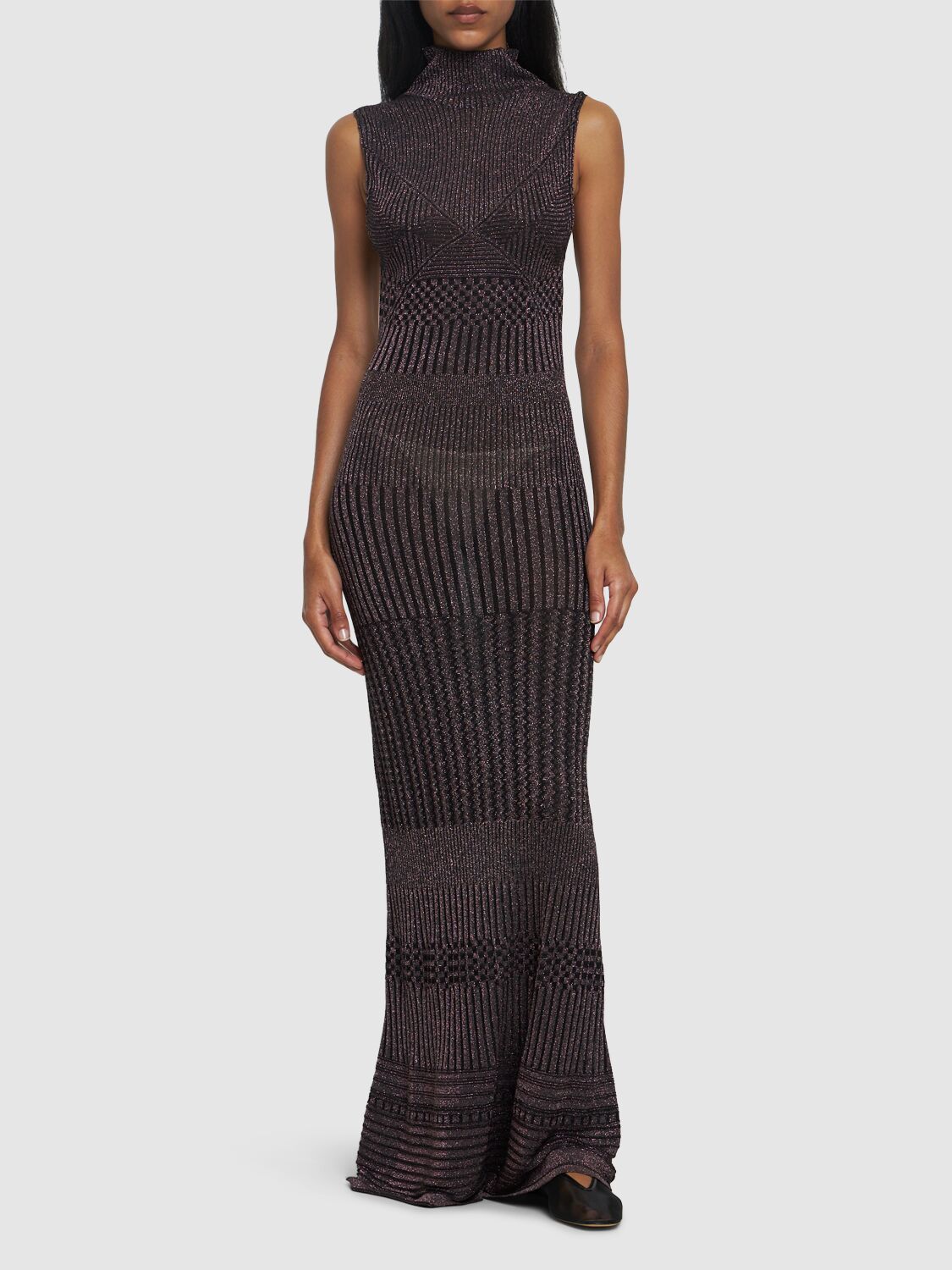 Shop Missoni Knit Viscose Lamé Turtleneck Long Dress In Black