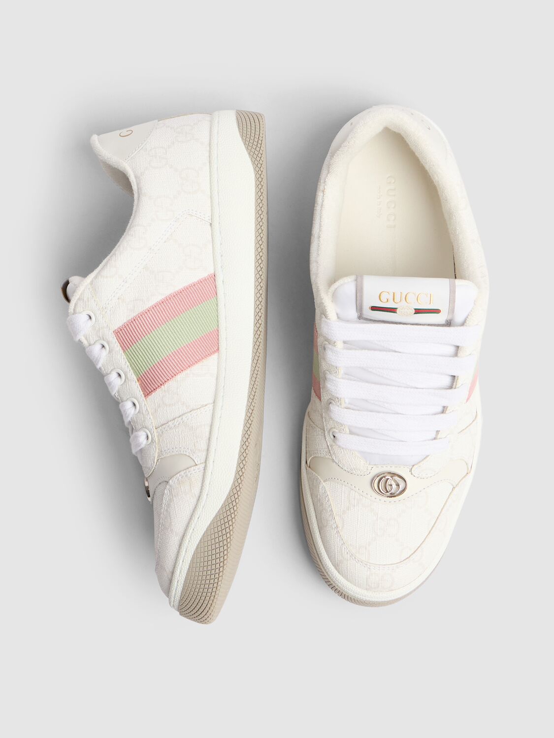 Shop Gucci 30mm Screener Canvas Trainer Sneakers In White,pink