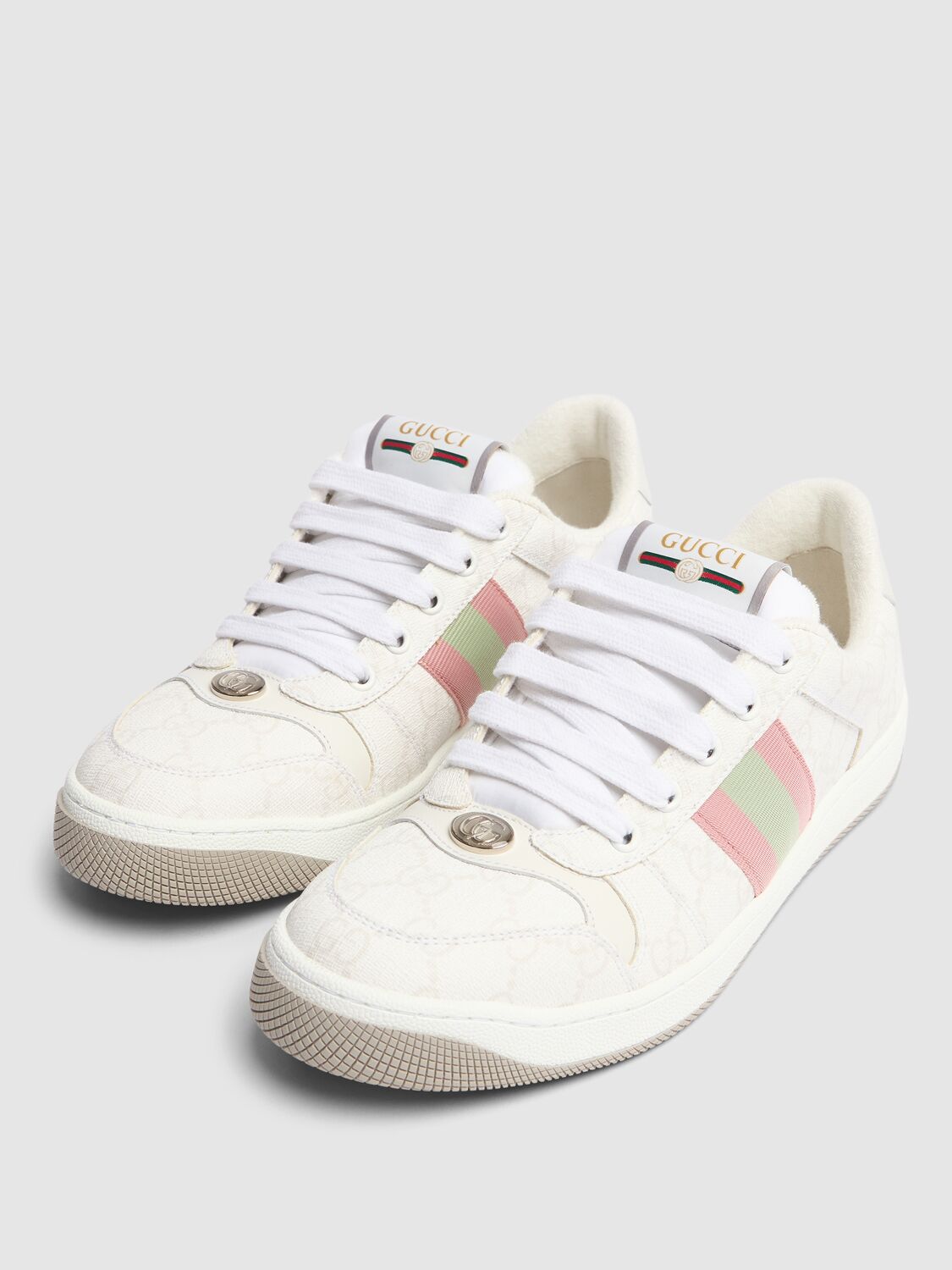 Shop Gucci 30mm Screener Canvas Trainer Sneakers In White,pink