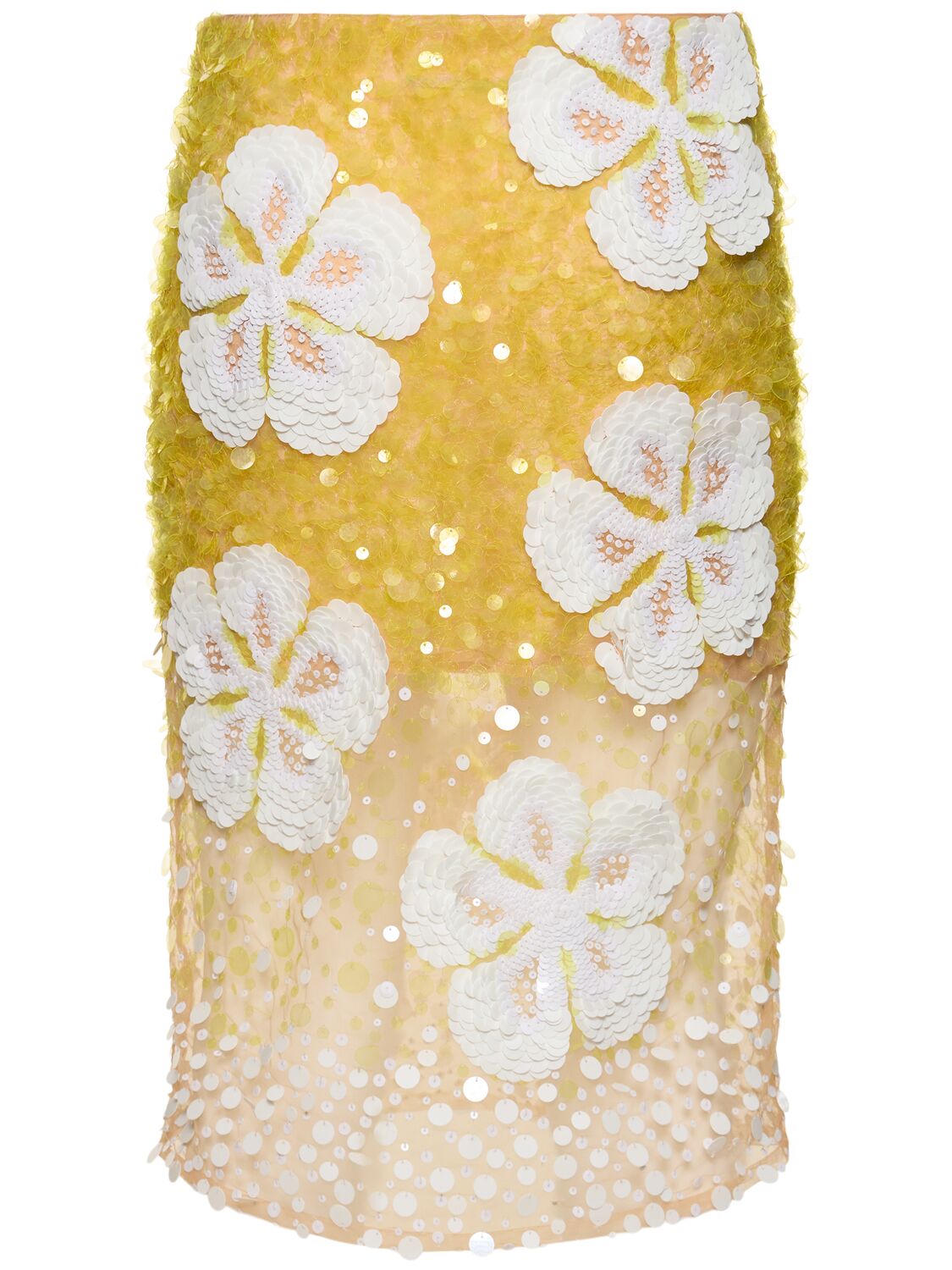 Shop Des Phemmes Hibiscus Embroidered Tulle Midi Skirt In Lime,white