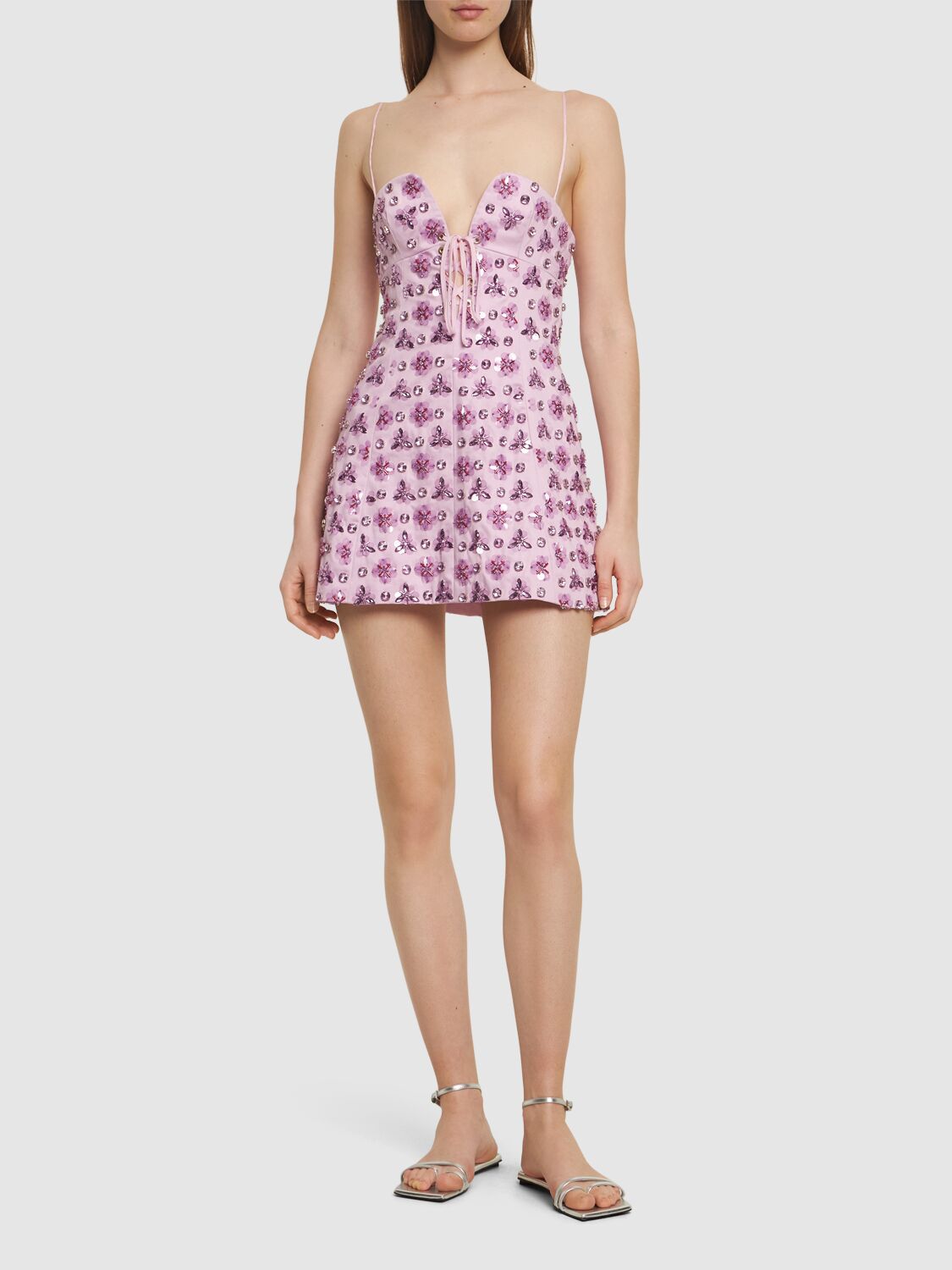 Shop Des Phemmes Embellished Cotton Satin Mini Dress In Multi Lilac