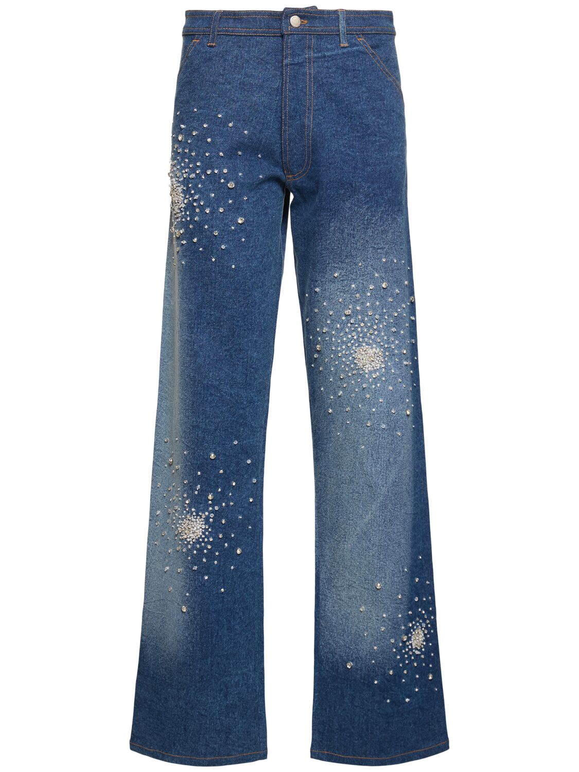 Des Phemmes Tie Dye Embellished Mid Rise Denim Trousers In Blue,white