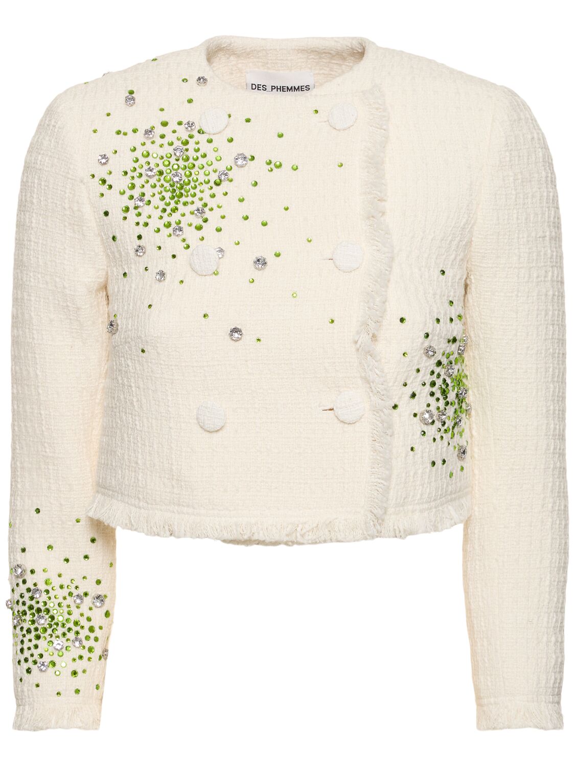 Shop Des Phemmes Boxy Fit Embellished Tweed Jacket In White