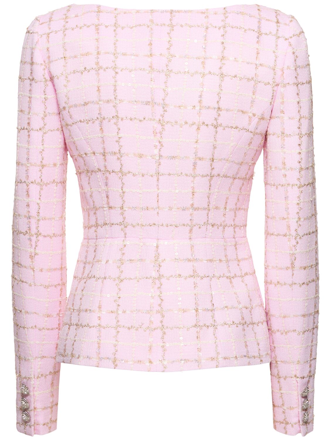 Alessandra Rich Sequined Checked Tweed Round Neck Jacket In Multi Lightpink