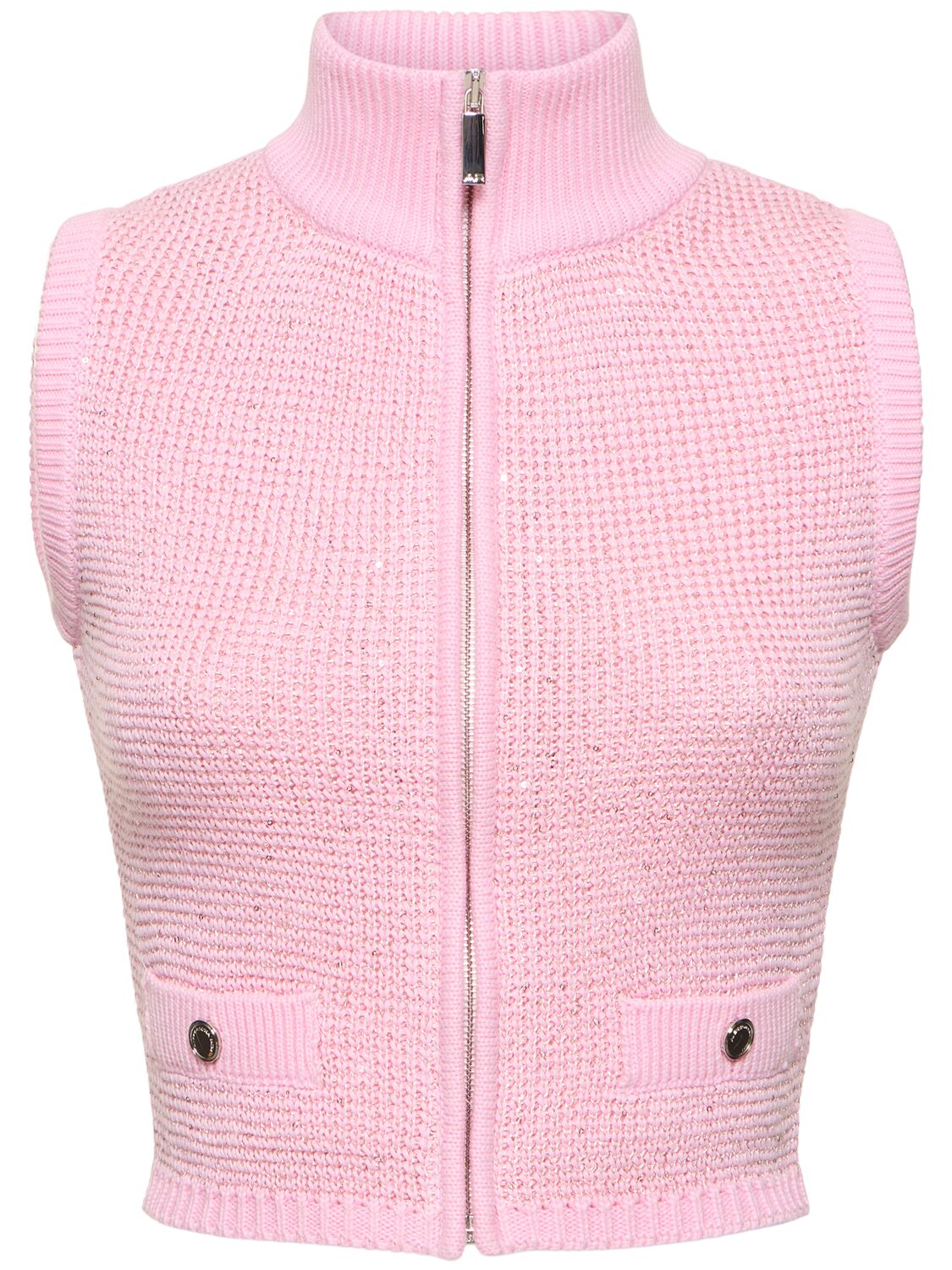 Alessandra Rich High Neck Sequined Knit Waistcoat W/zip In Pink