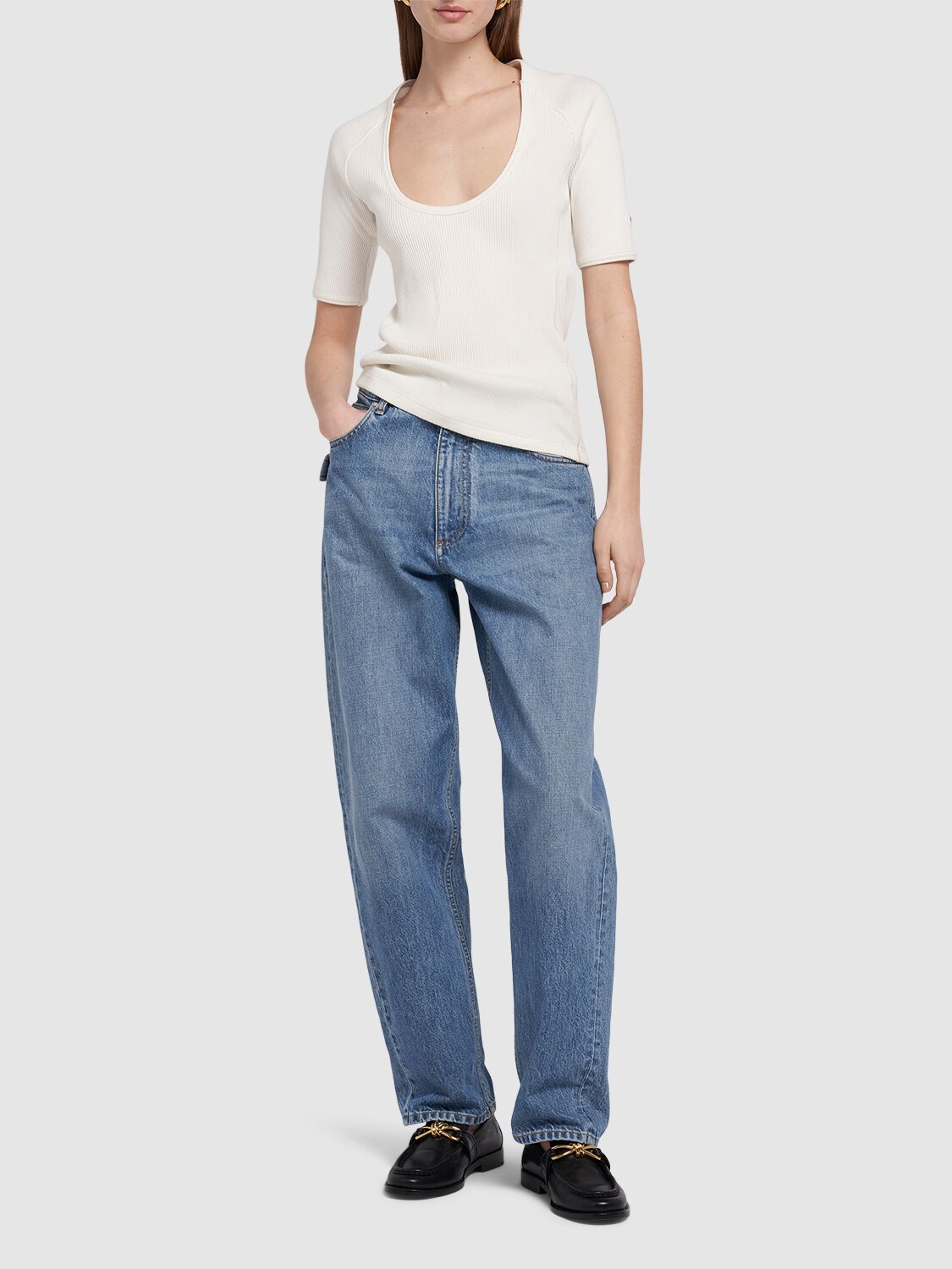 Shop Bottega Veneta Ribbed Cotton Jersey Top In Chalk