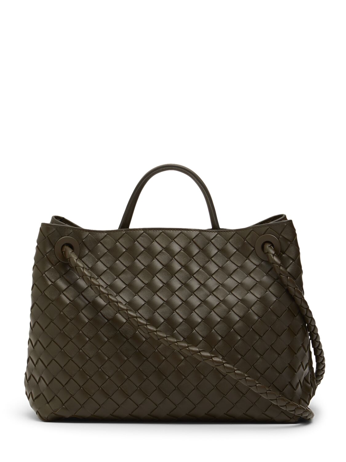 Shop Bottega Veneta Medium Andiamo Leather Top Handle Bag In Khaki