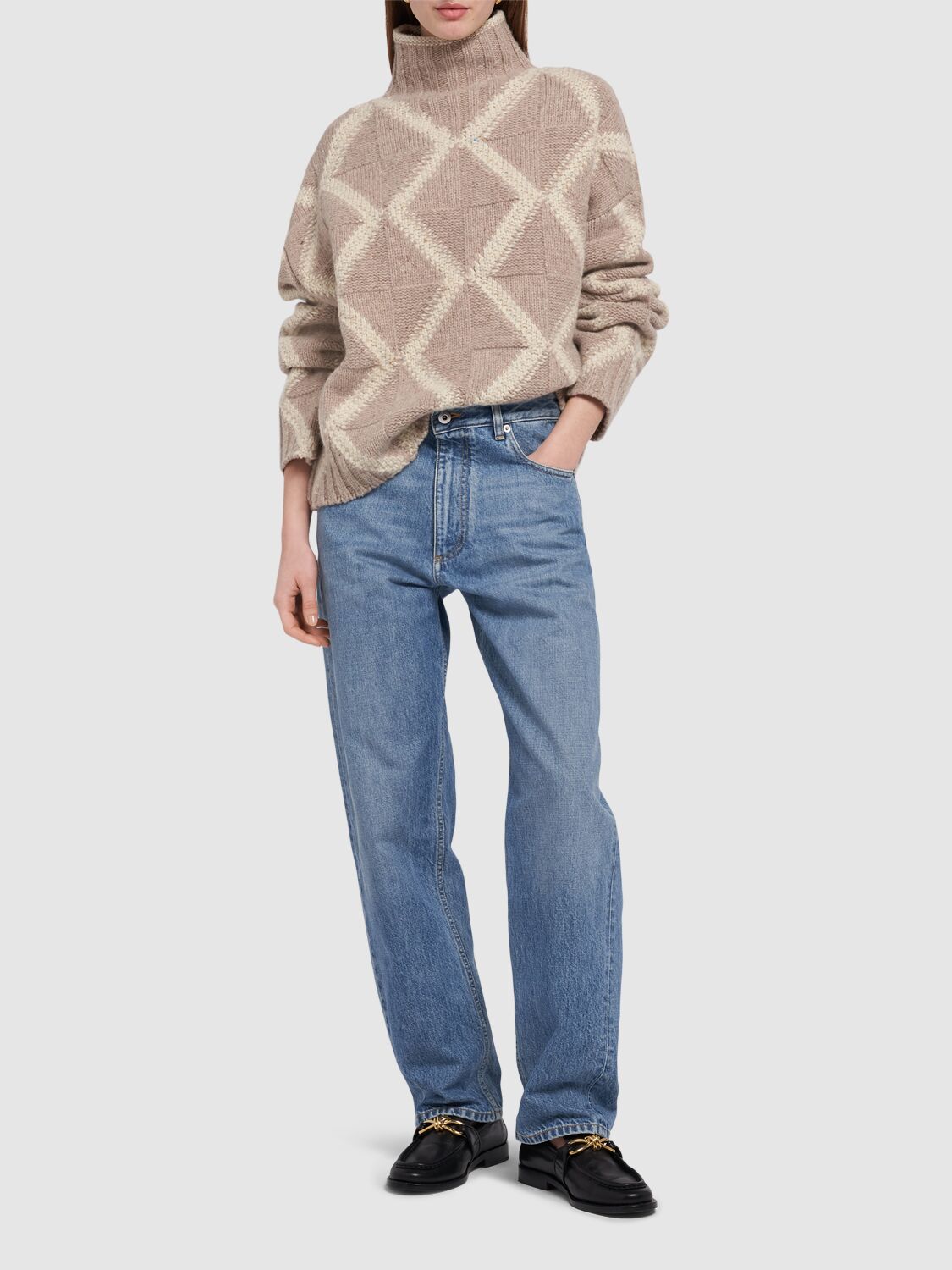 Shop Bottega Veneta Wool Argyle Intarsia Sweater In Desert Melange