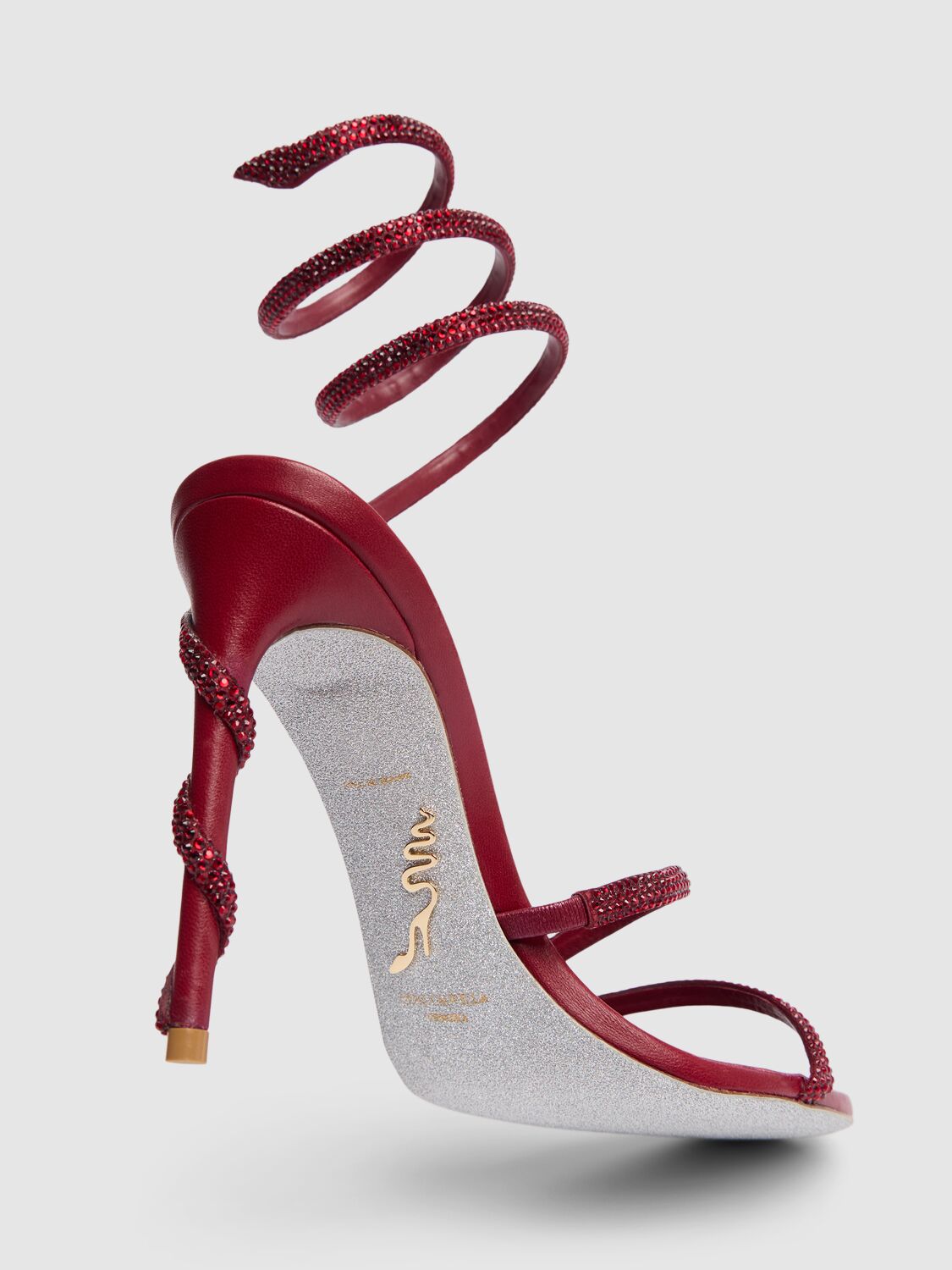 Shop René Caovilla 105mm Margot Satin & Crystal Sandals In Burgundy