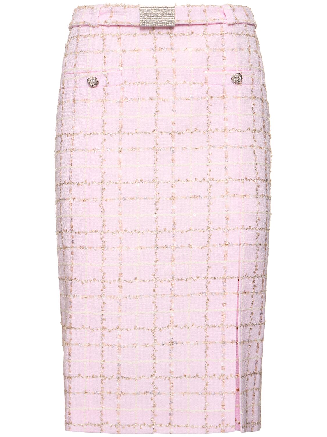 Alessandra Rich Sequined Checked Tweed Low Waist Skirt In Multi Lightpink