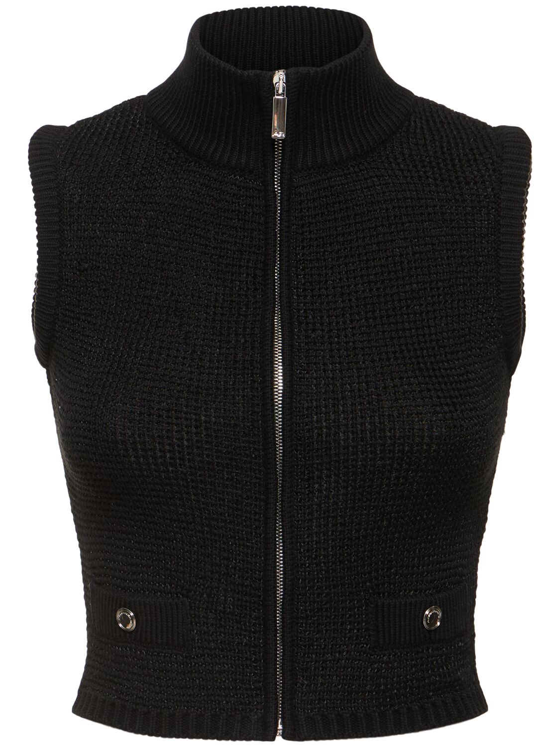 Alessandra Rich High Neck Sequined Knit Waistcoat W/zip In Black
