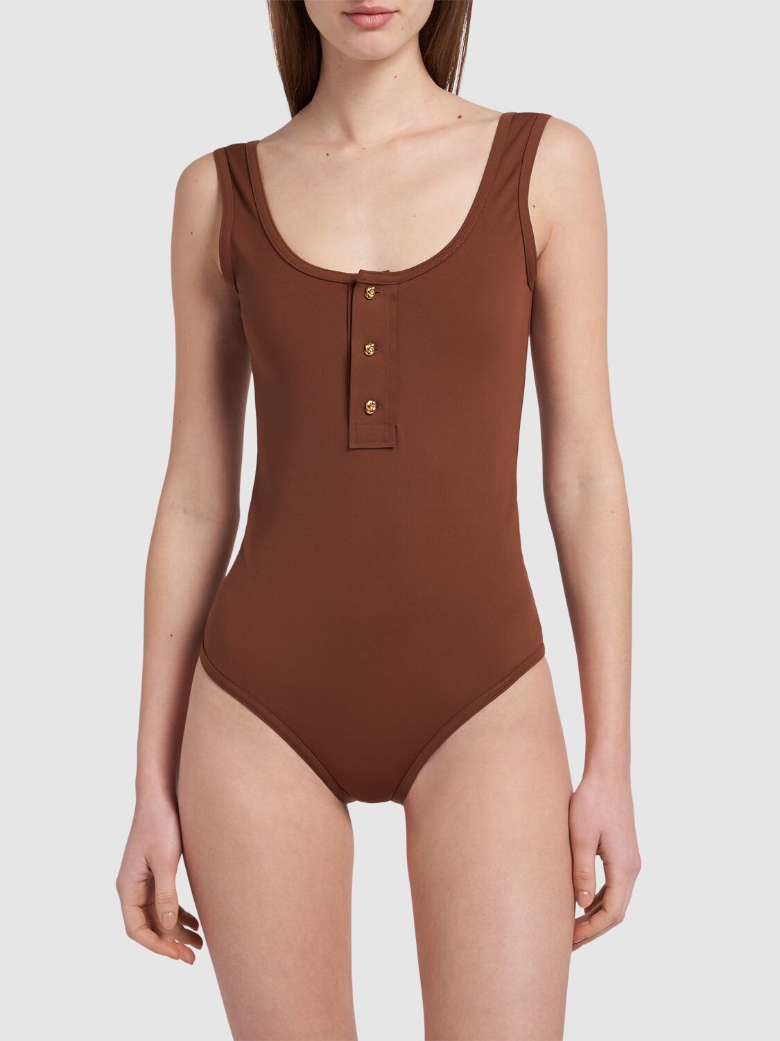 Shop Bottega Veneta Nylon One-piece Swimsuit In Pecan