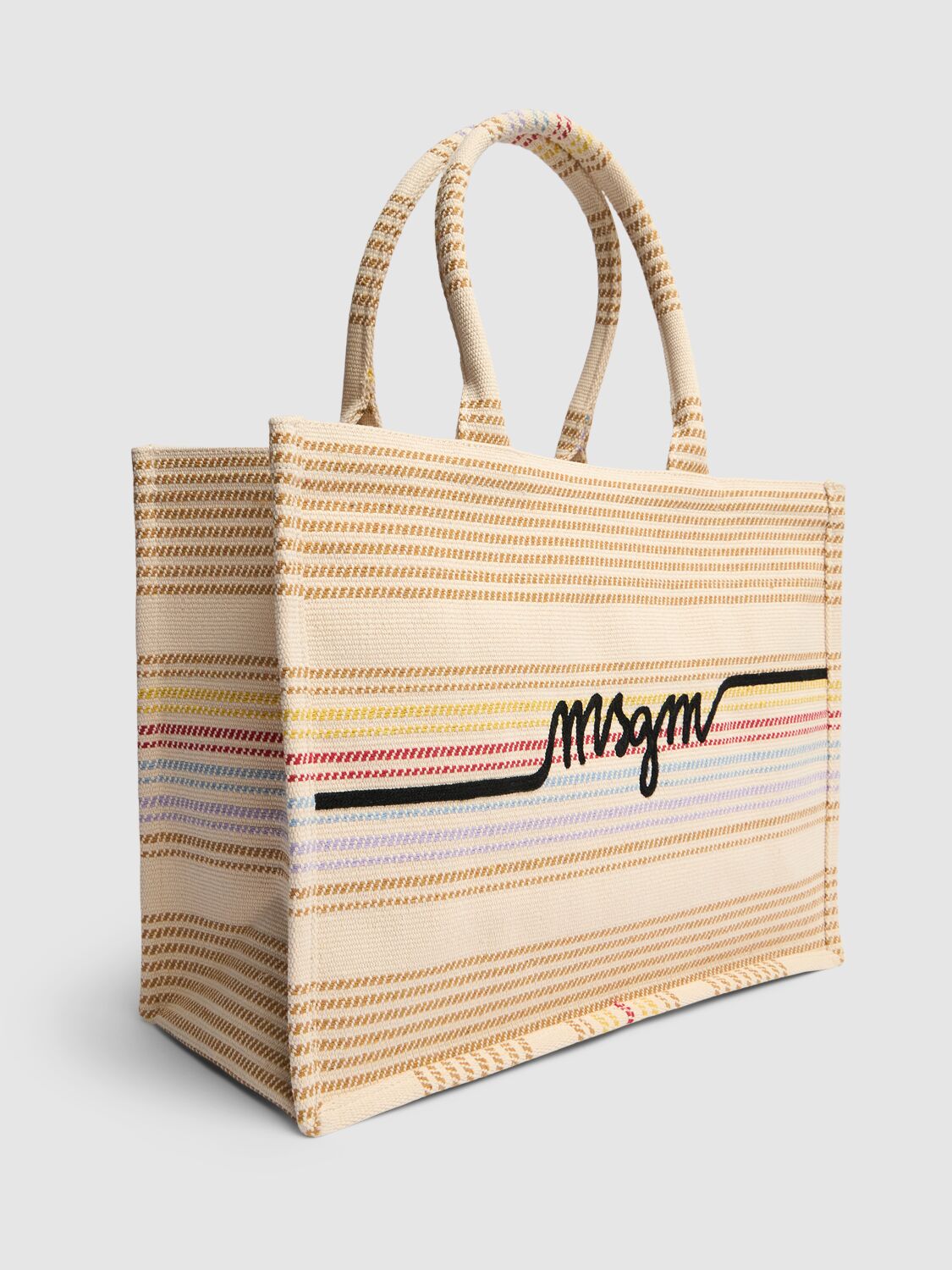 Shop Msgm Medium Canvas Tote Bag In Beige,multi