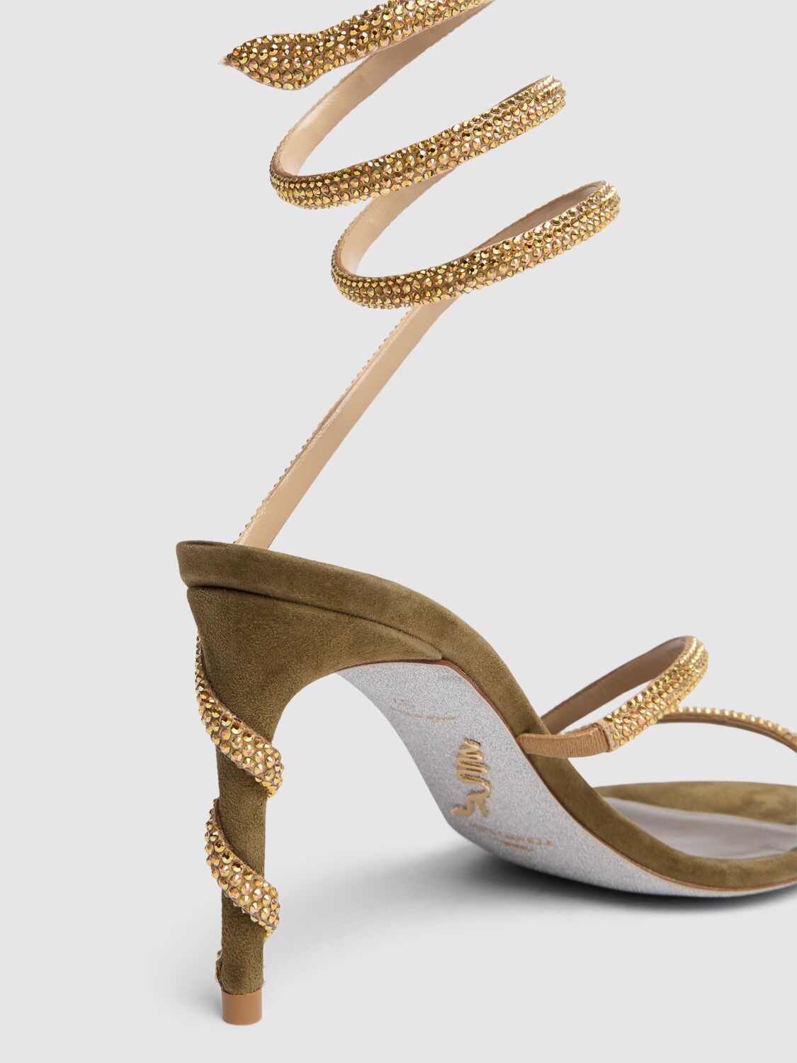 Shop René Caovilla 105mm Margot Satin & Crystal Sandals In Green/gold