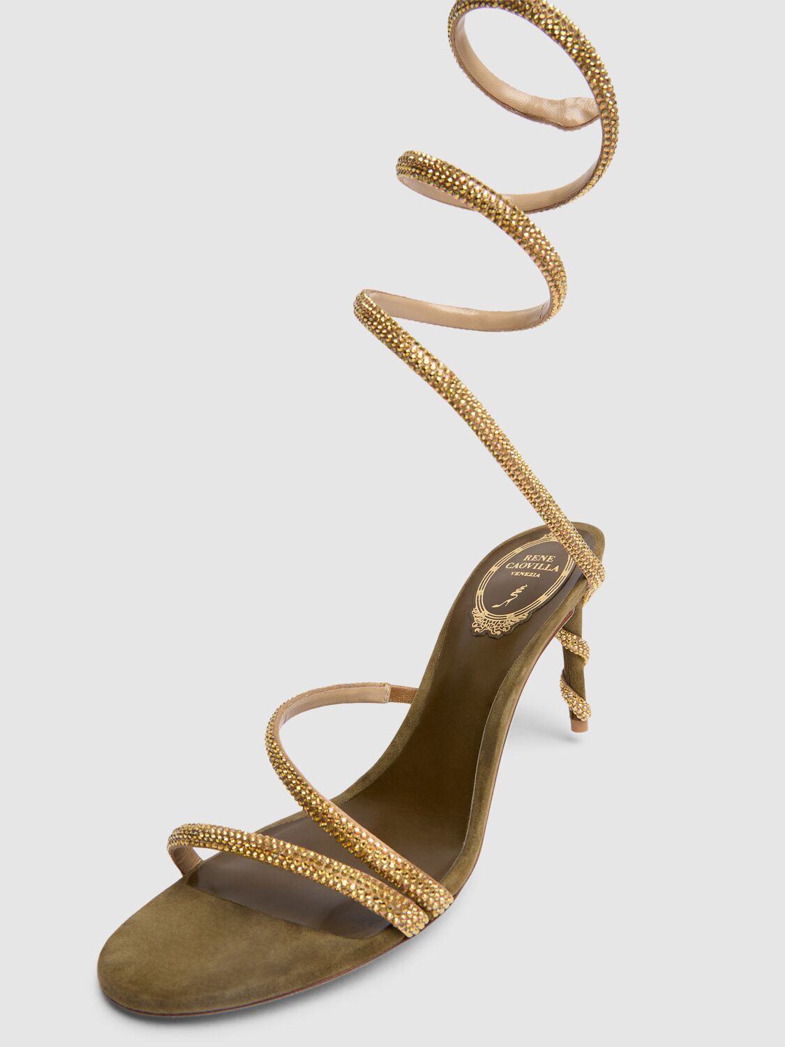 Shop René Caovilla 105mm Margot Satin & Crystal Sandals In Green/gold