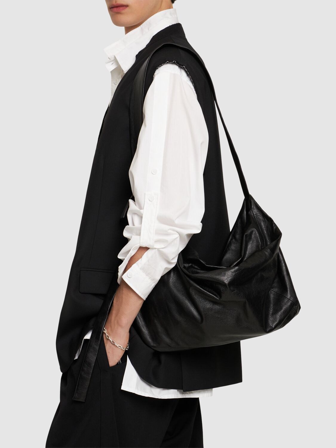 Shop Yohji Yamamoto Puff Medium Leather Crossbody Bag In Black