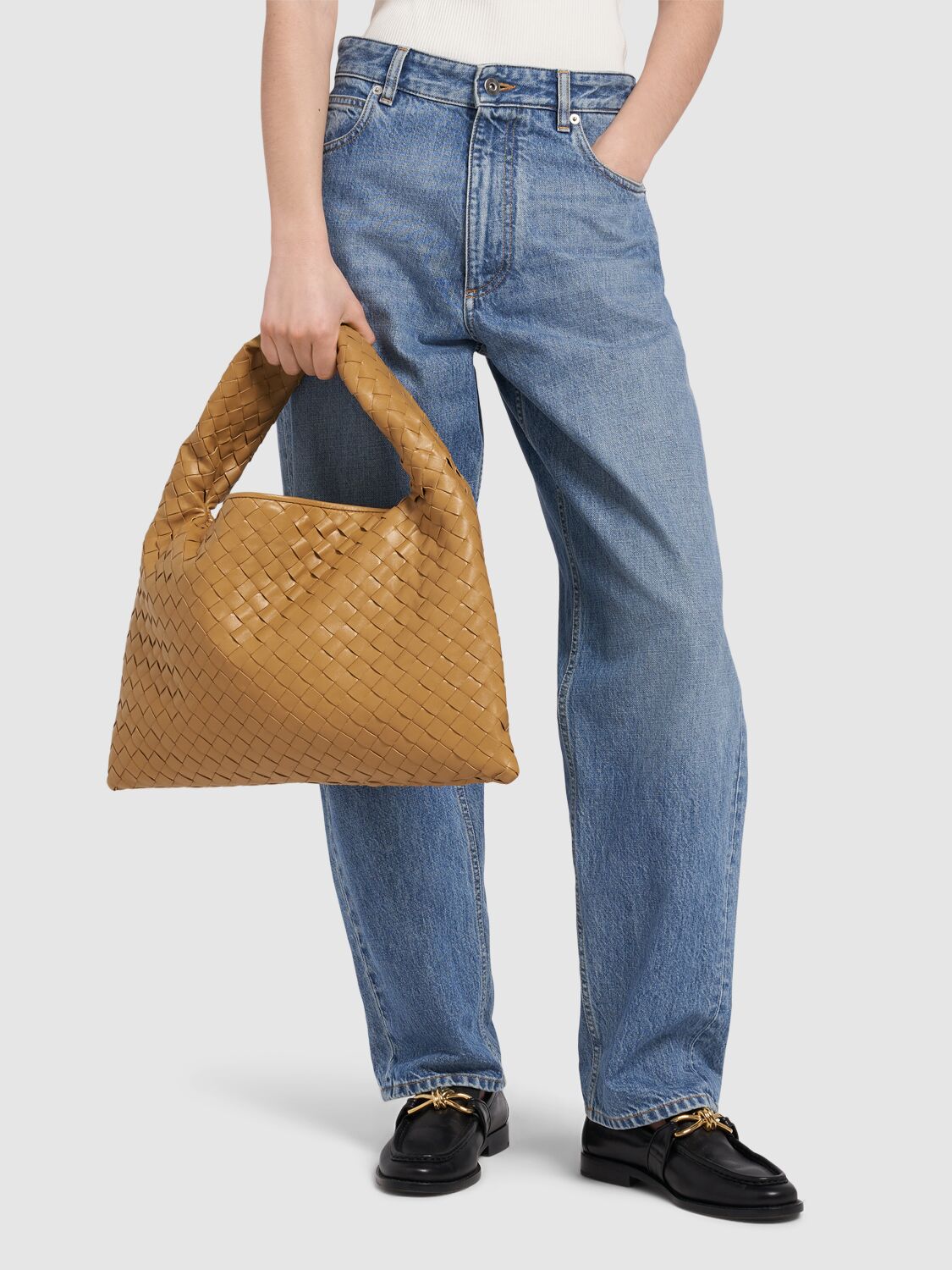 Shop Bottega Veneta Small Hop Leather Shoulder Bag In Dark Praline