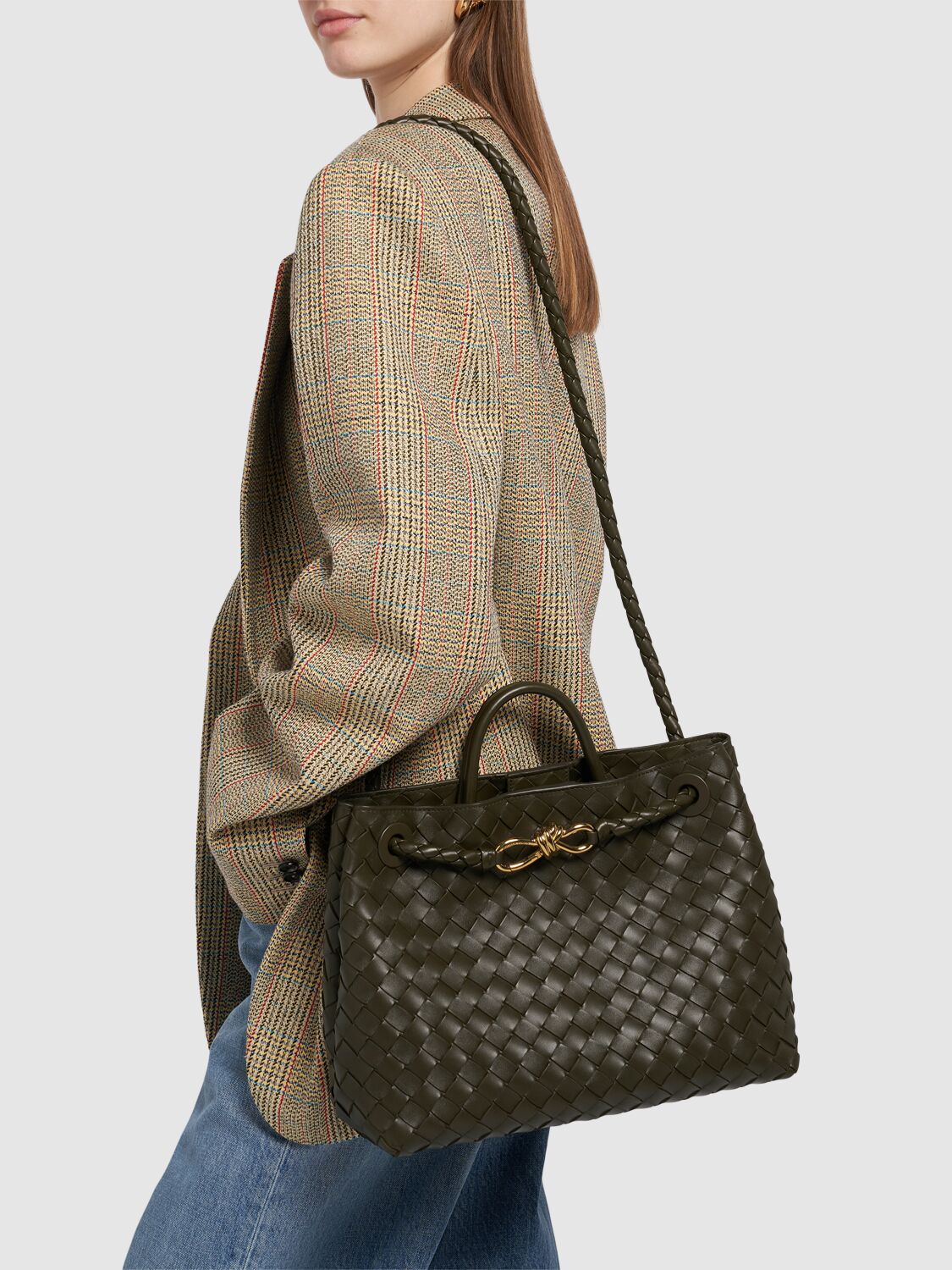 Shop Bottega Veneta Medium Andiamo Leather Top Handle Bag In Khaki