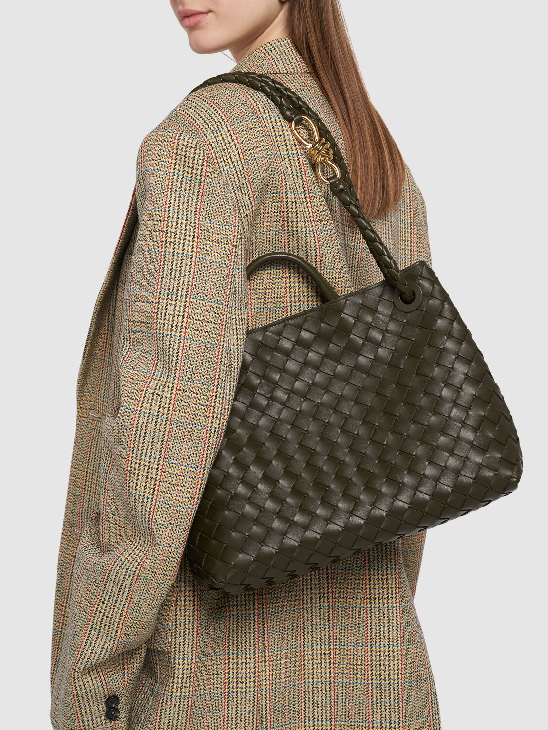 Shop Bottega Veneta Medium Andiamo Leather Top Handle Bag In Khaki